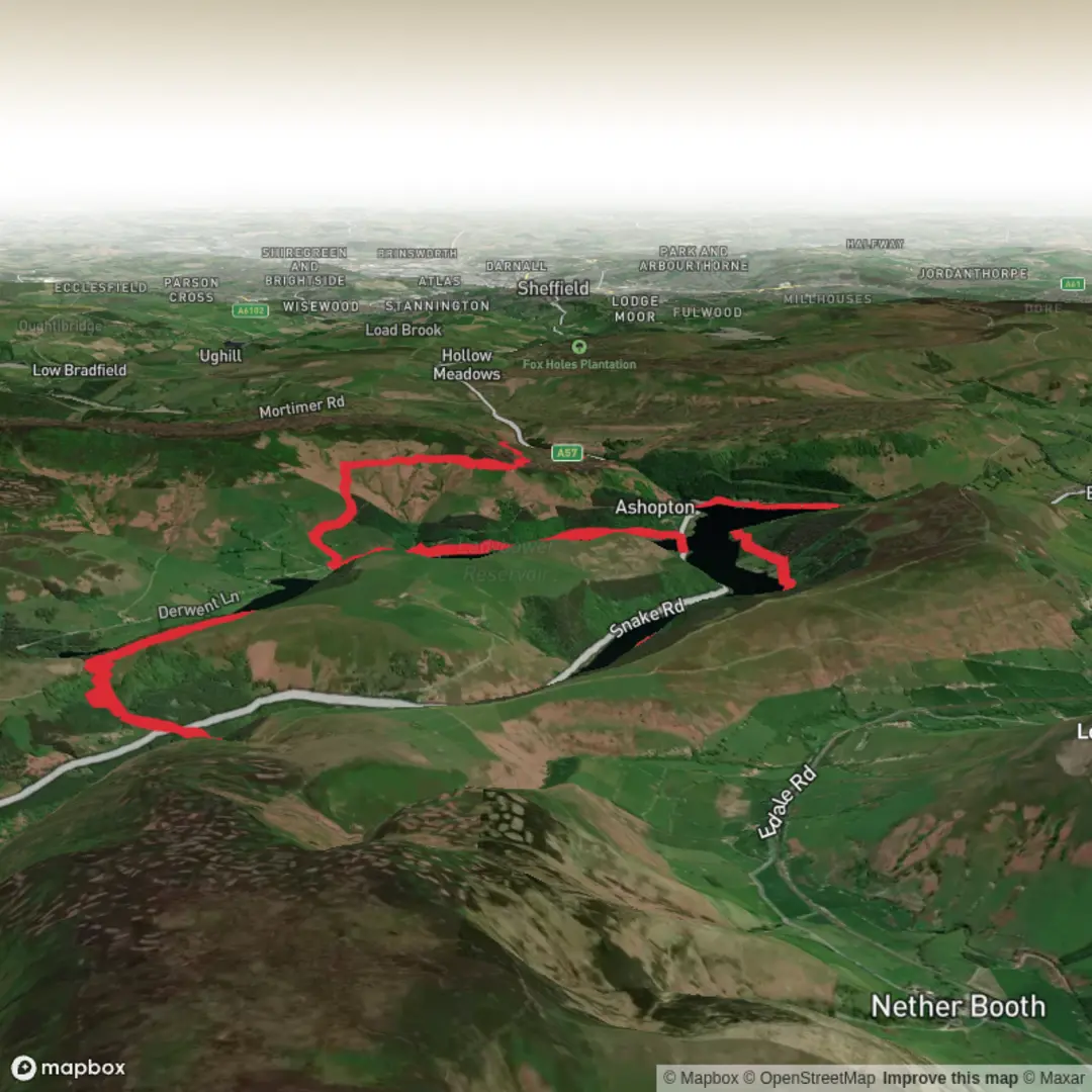 An image depicting the trail Whinstone Lee Tor, Grimbocar Wood and Ladybower Reservoir Loop and its surrounding area.