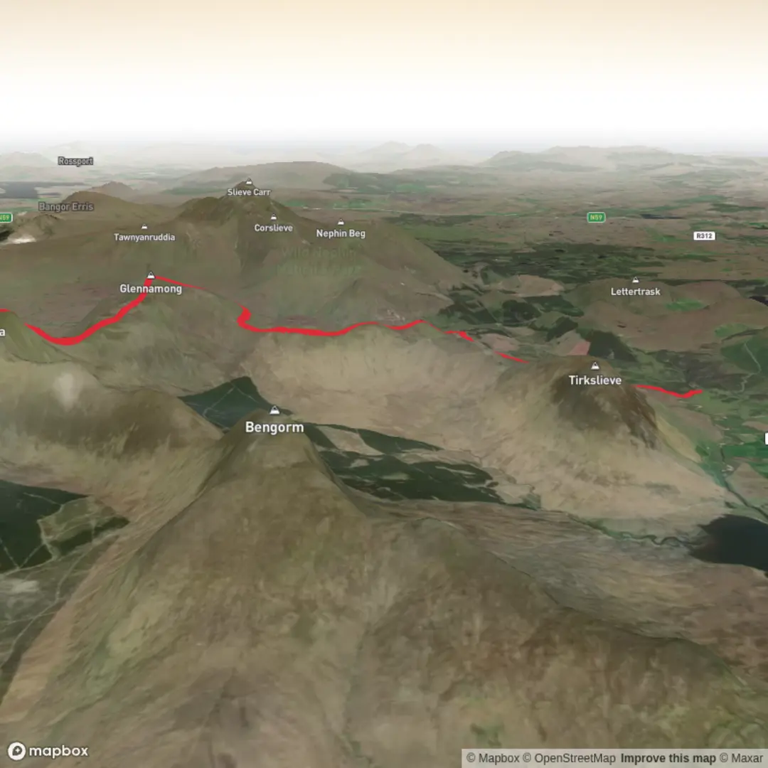 An image depicting the trail Ireland 7 summits - Nephin beg range - advanced and its surrounding area.