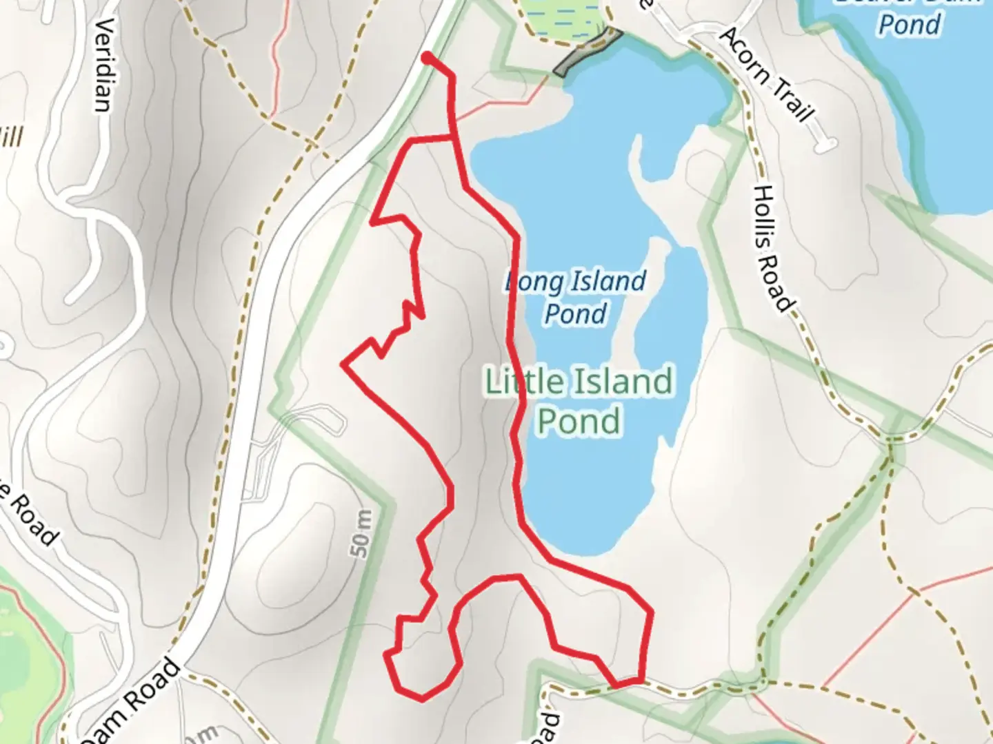 An image depicting the trail Long Island Pond Loop and its surrounding area.