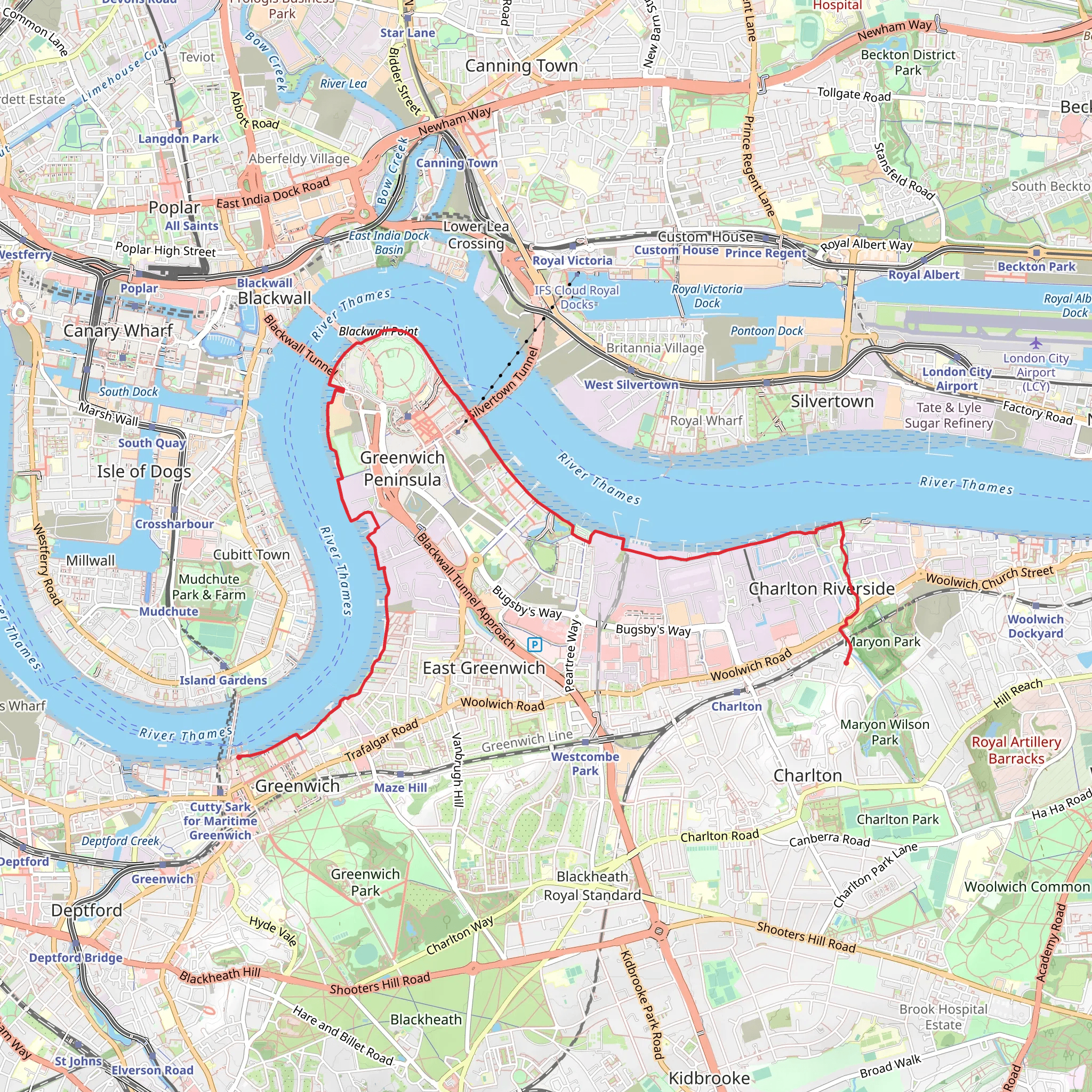 Maryon Park to Greenwich Pier Walk - Greenwich mobile static map