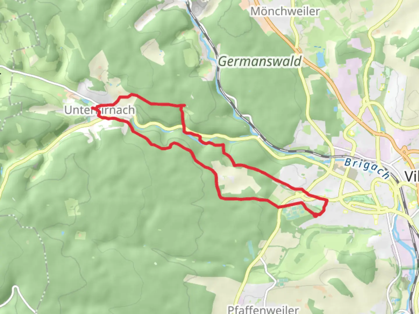 An image depicting the trail Villingen and Unterkirnach Loop via Kirnach and its surrounding area.