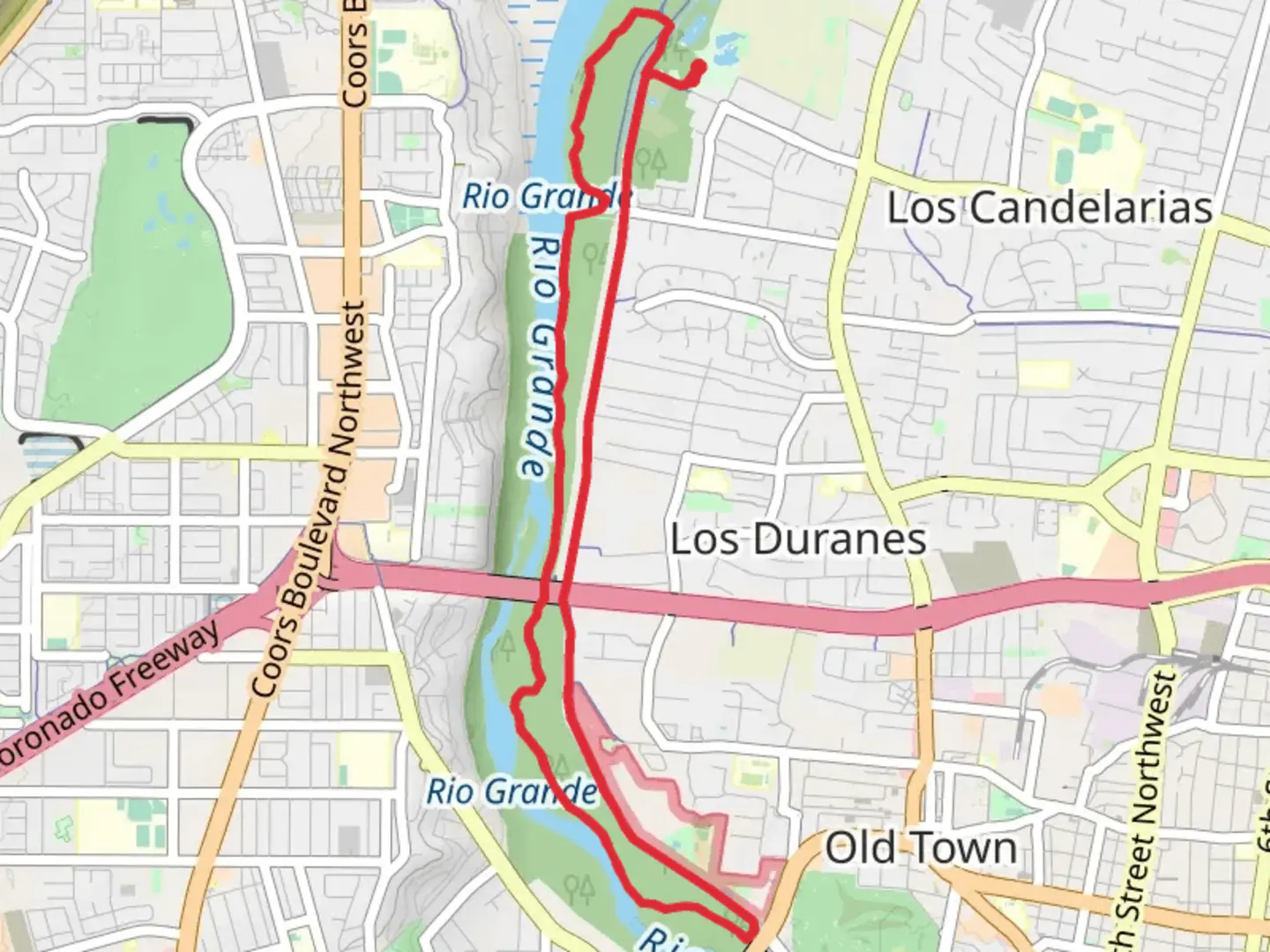 An image depicting the trail Rio Grande Nature Center State Park to Rio Grande Bosque Loop and its surrounding area.