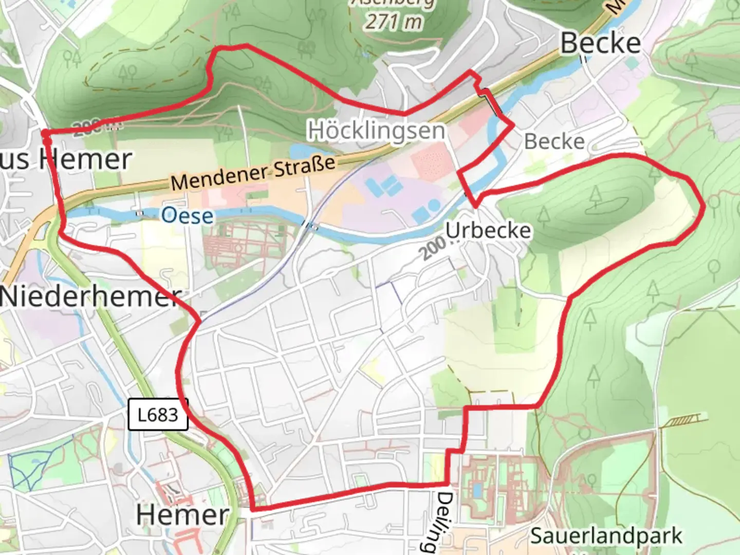 An image depicting the trail Haus Hemer Hoecklingen and Kapellenweg and its surrounding area.