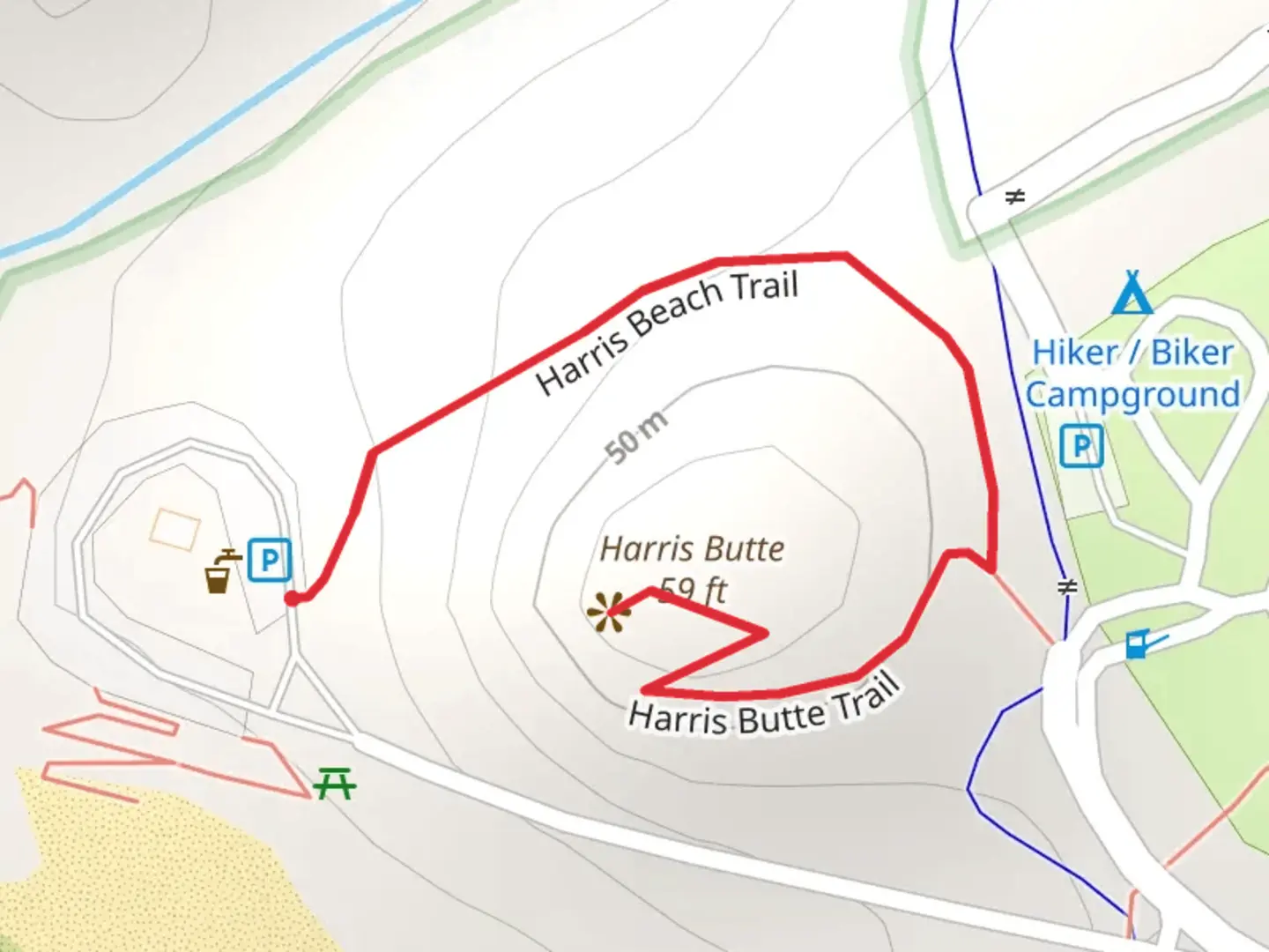 An image depicting the trail Harris Butte via Harris Beach Trail and its surrounding area.