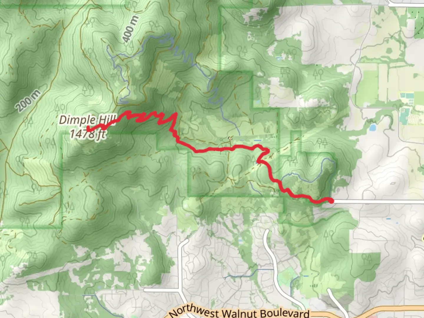 An image depicting the trail Dimple Hill via Upper Dan's Trail and its surrounding area.