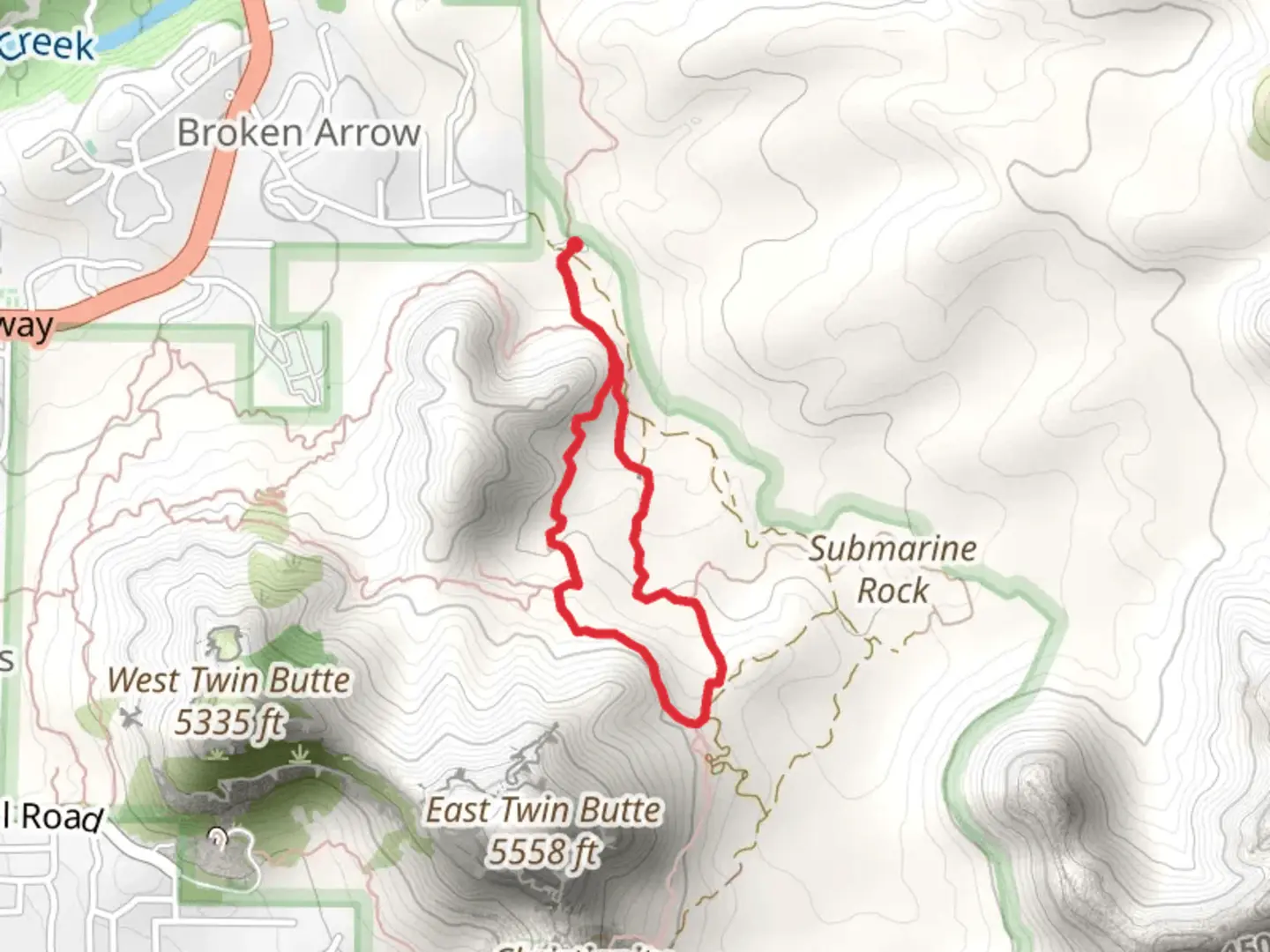 An image depicting the trail High on the Hog - Twin Buttes - Broken Arrow Loop Trail and its surrounding area.
