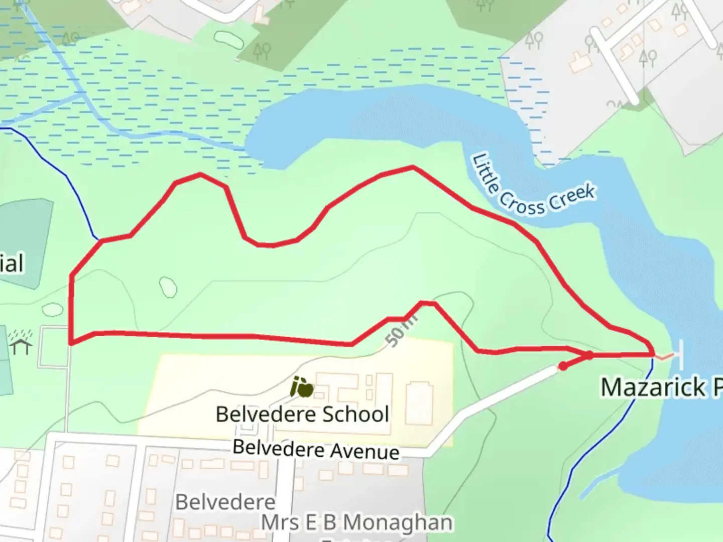 An image depicting the trail Mazarick Park Short Loop and its surrounding area.