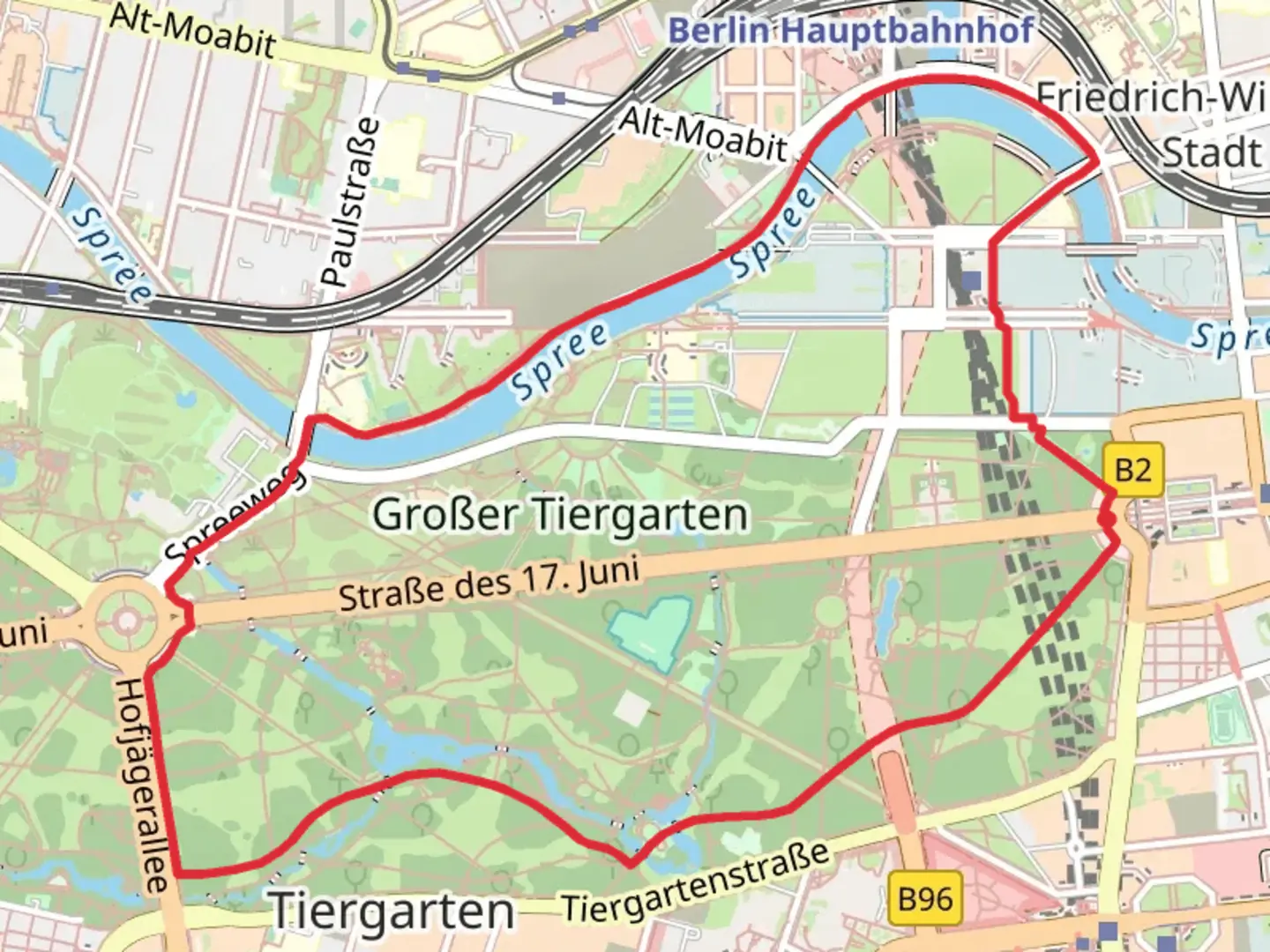 An image depicting the trail Luiseninsel and Spree via Grosser Weg and Magnus Hirschfeld Ufer and its surrounding area.
