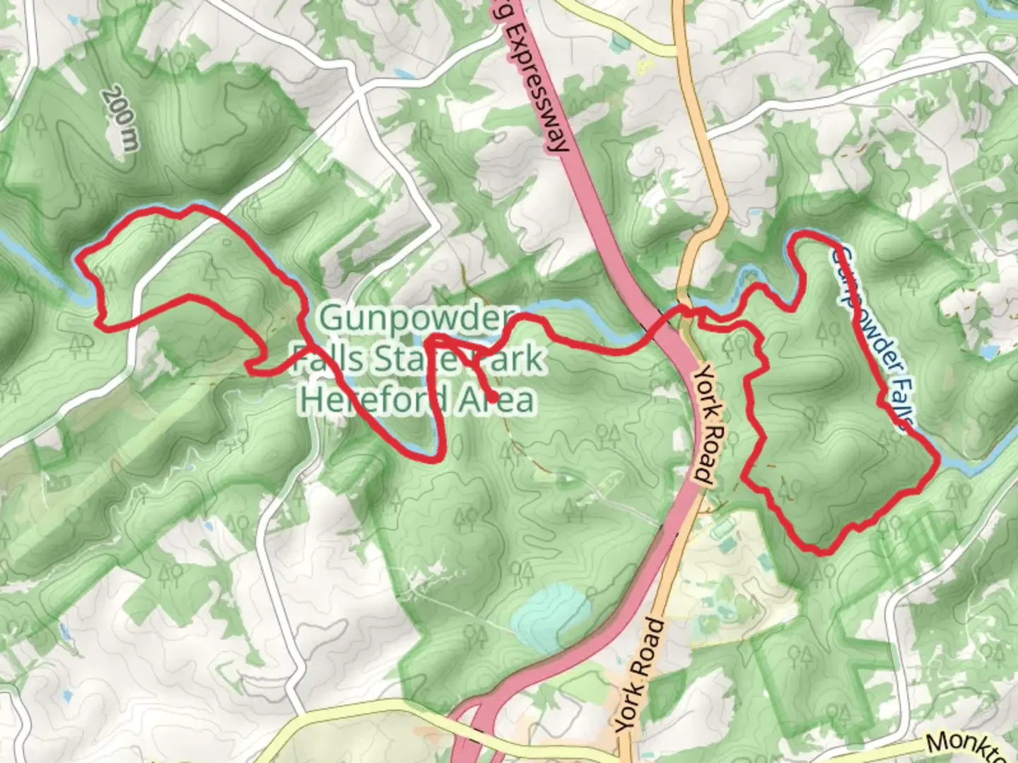 An image depicting the trail Gunpowder South Trail, Panther Trail and Highland Trail Loop and its surrounding area.