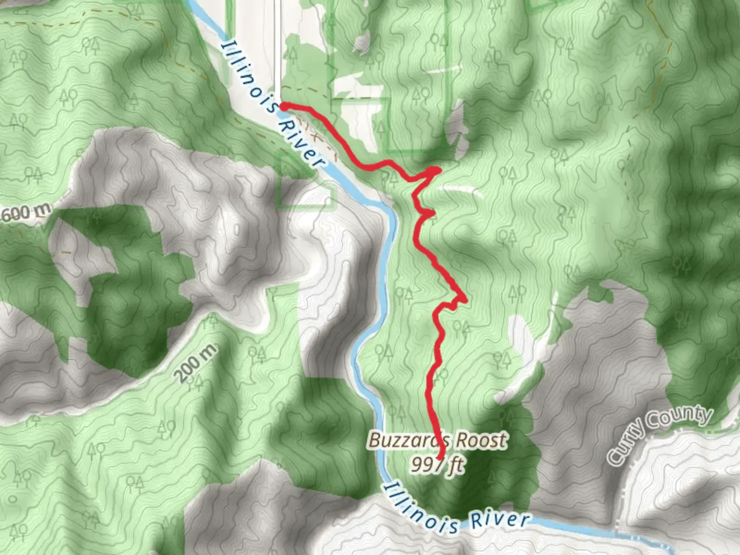 An image depicting the trail Buzzards Roost via Illinois River Trail and its surrounding area.