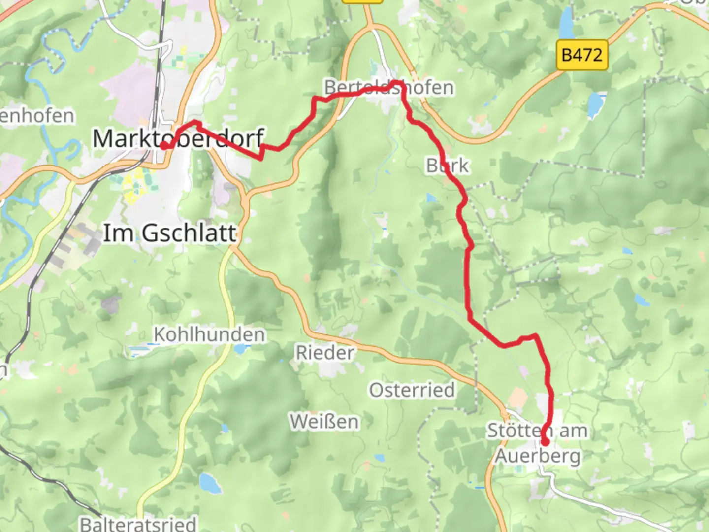 An image depicting the trail Marktoberdorf to Stötten am Auerberg via Wasserlaeufer Route and its surrounding area.