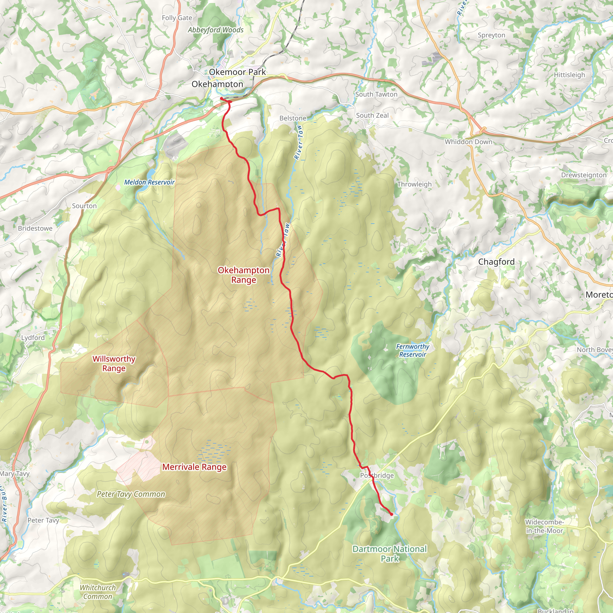 North Moor Crossing from Okehampton to Bellever mobile static map