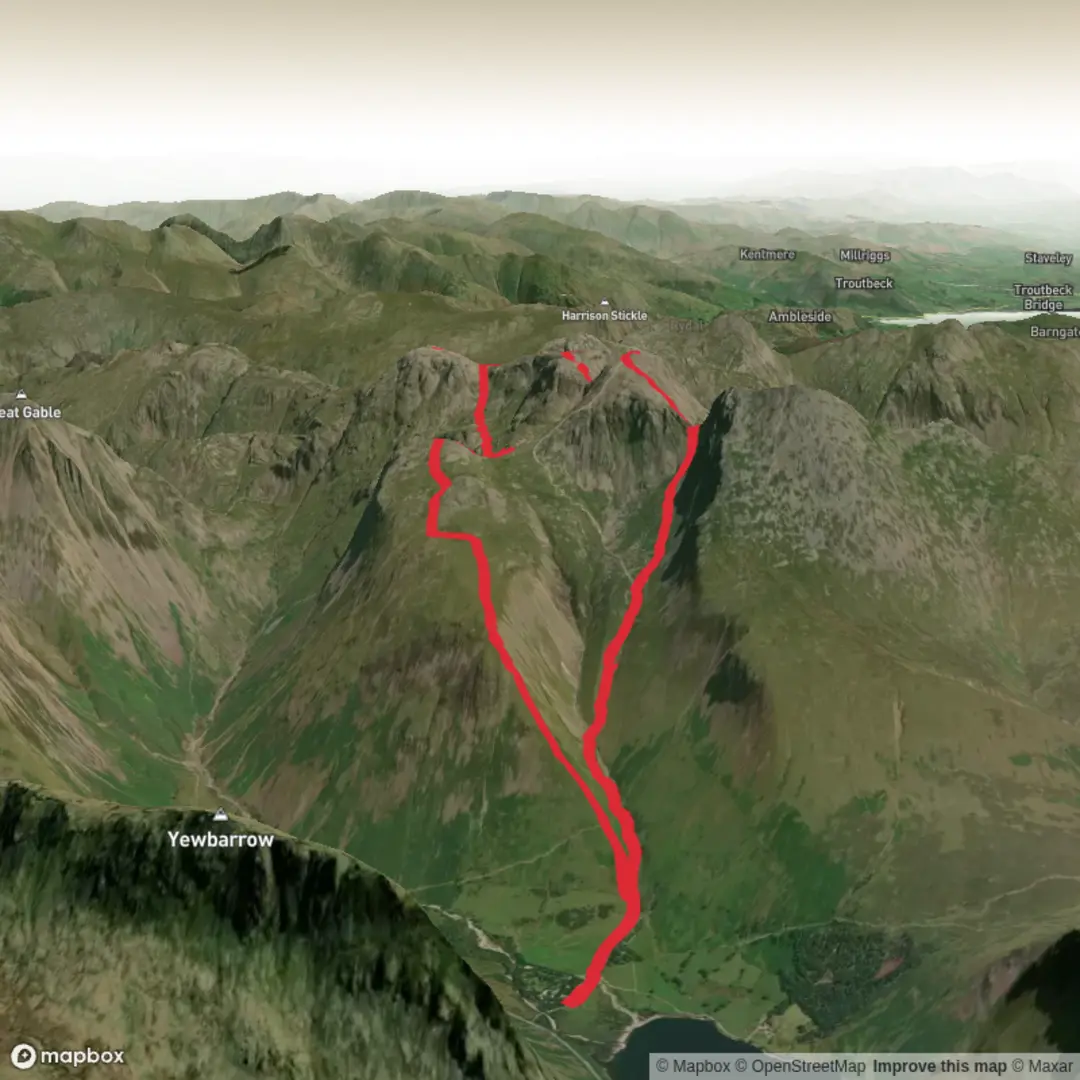 An image depicting the trail Lingmell, Piers Gill, Middleboot Knotts, Round How, Great End, Blunt Top, lll Crag, Broad Crag, Scaffel Pike and Mickledore Loop and its surrounding area.