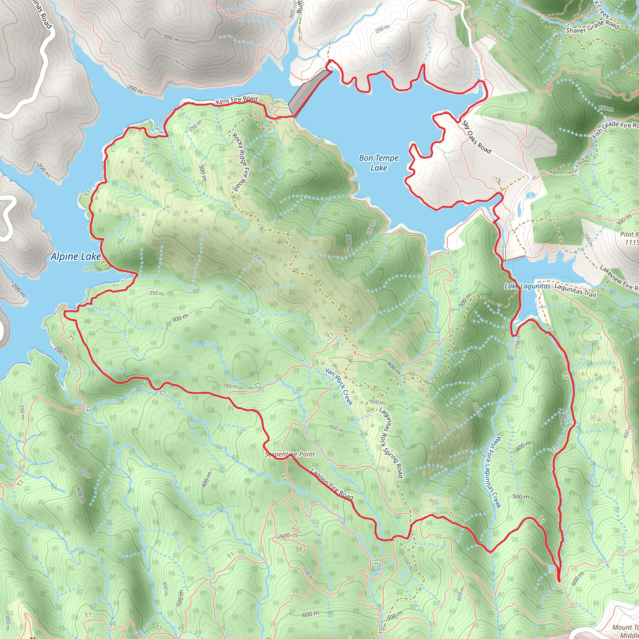 Bon Tempe Lake, Lake Lagunitas, Serpentine K noll and Alpine Lake mobile static map