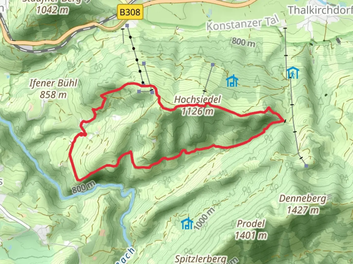 An image depicting the trail Hundlekopf via Wandergebiet Oberstaufen and its surrounding area.