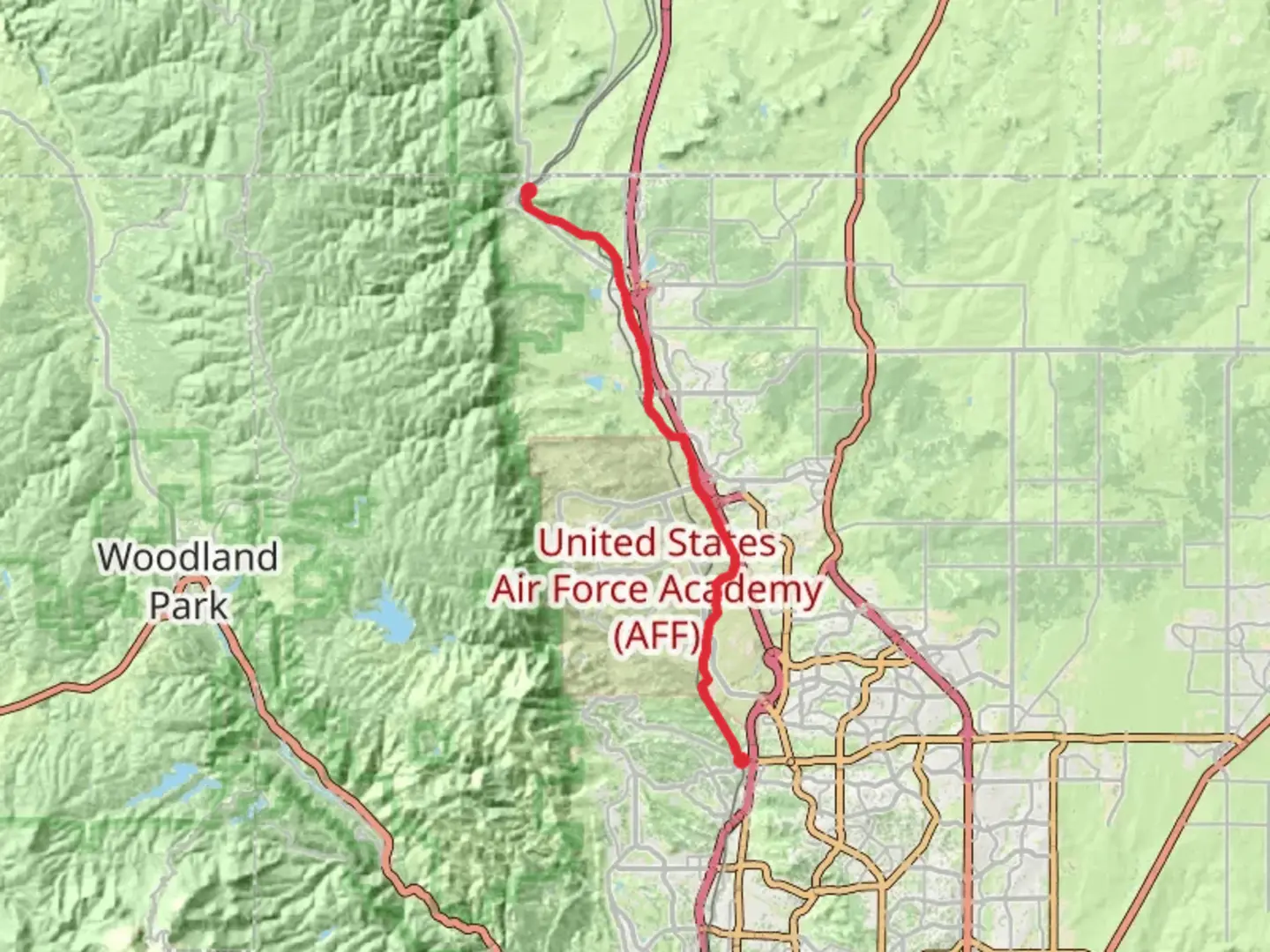 An image depicting the trail New Santa Fe Regional Trail from East Woodmen Road and its surrounding area.