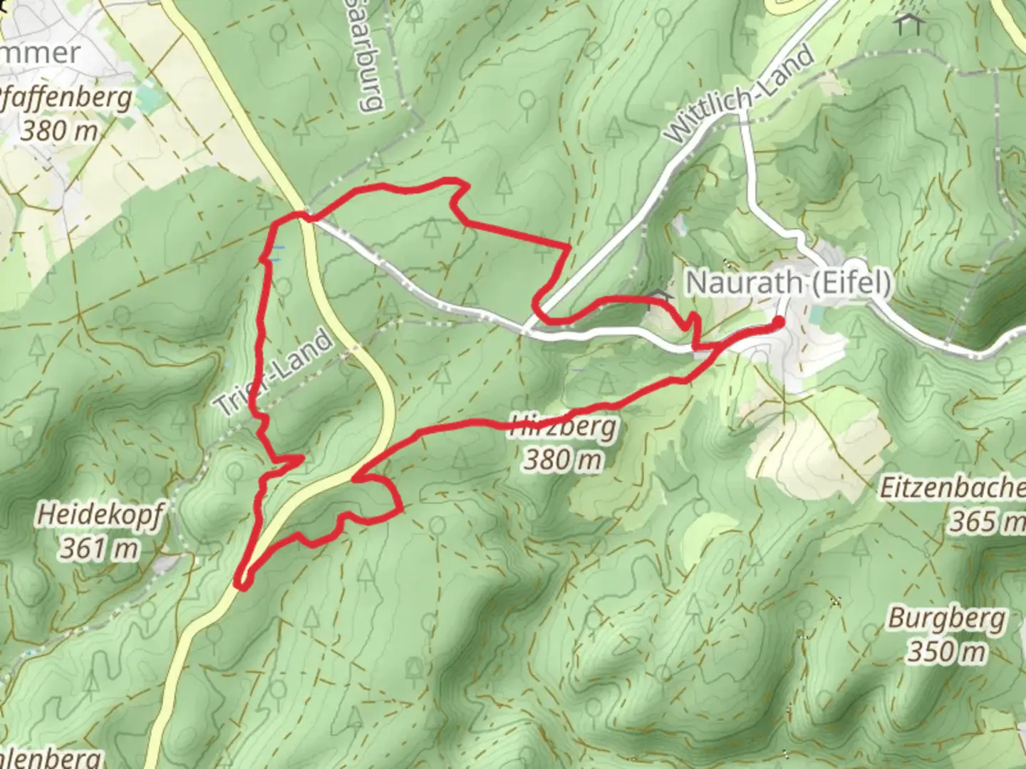 An image depicting the trail Heldenberg and Pfaffenloch Loop and its surrounding area.