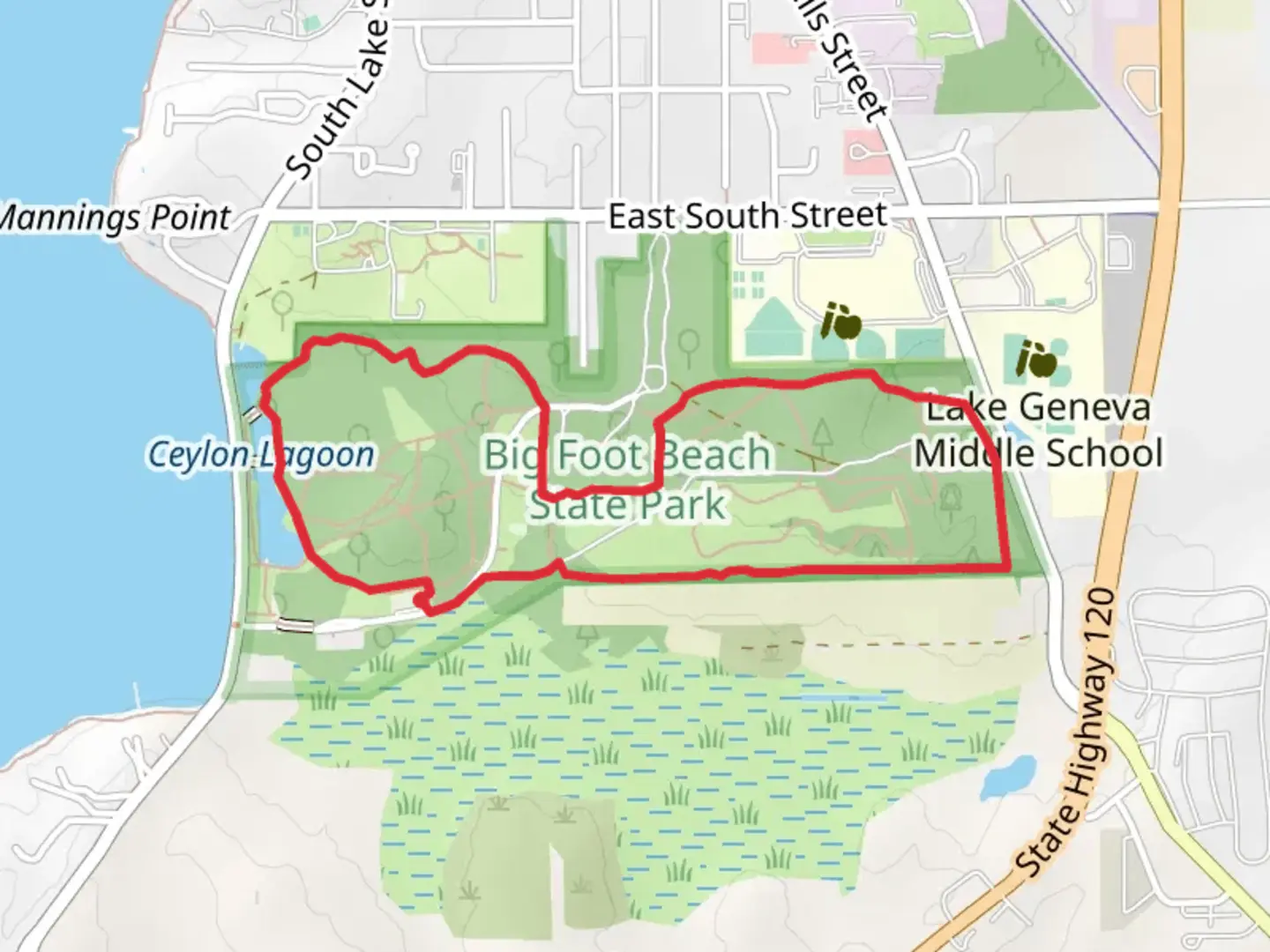 An image depicting the trail Big Foot Beach State Park and Ceylon Lagoon Loop and its surrounding area.
