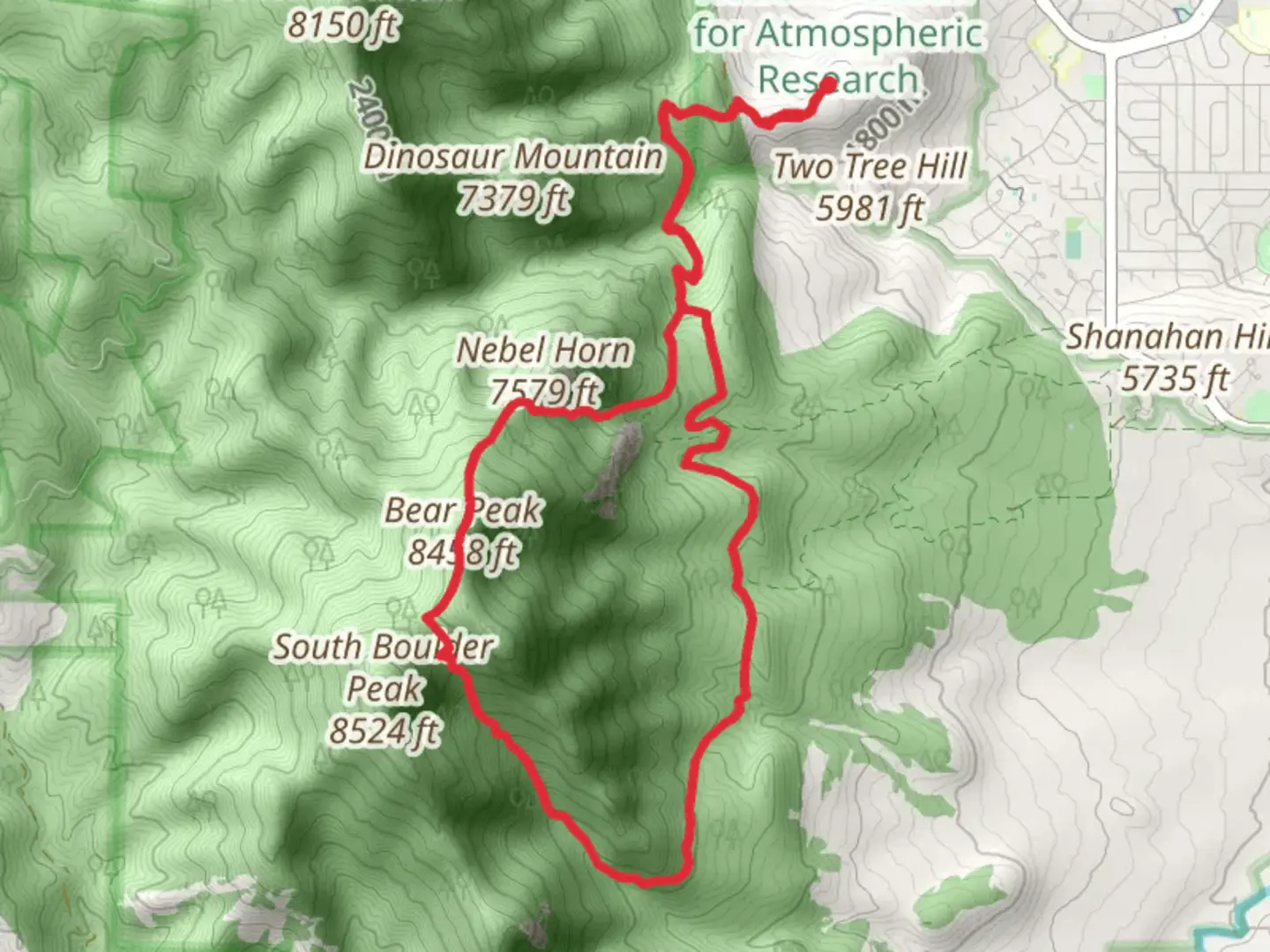 An image depicting the trail NCAR, Bear Peak and Mesa Loop Trail and its surrounding area.