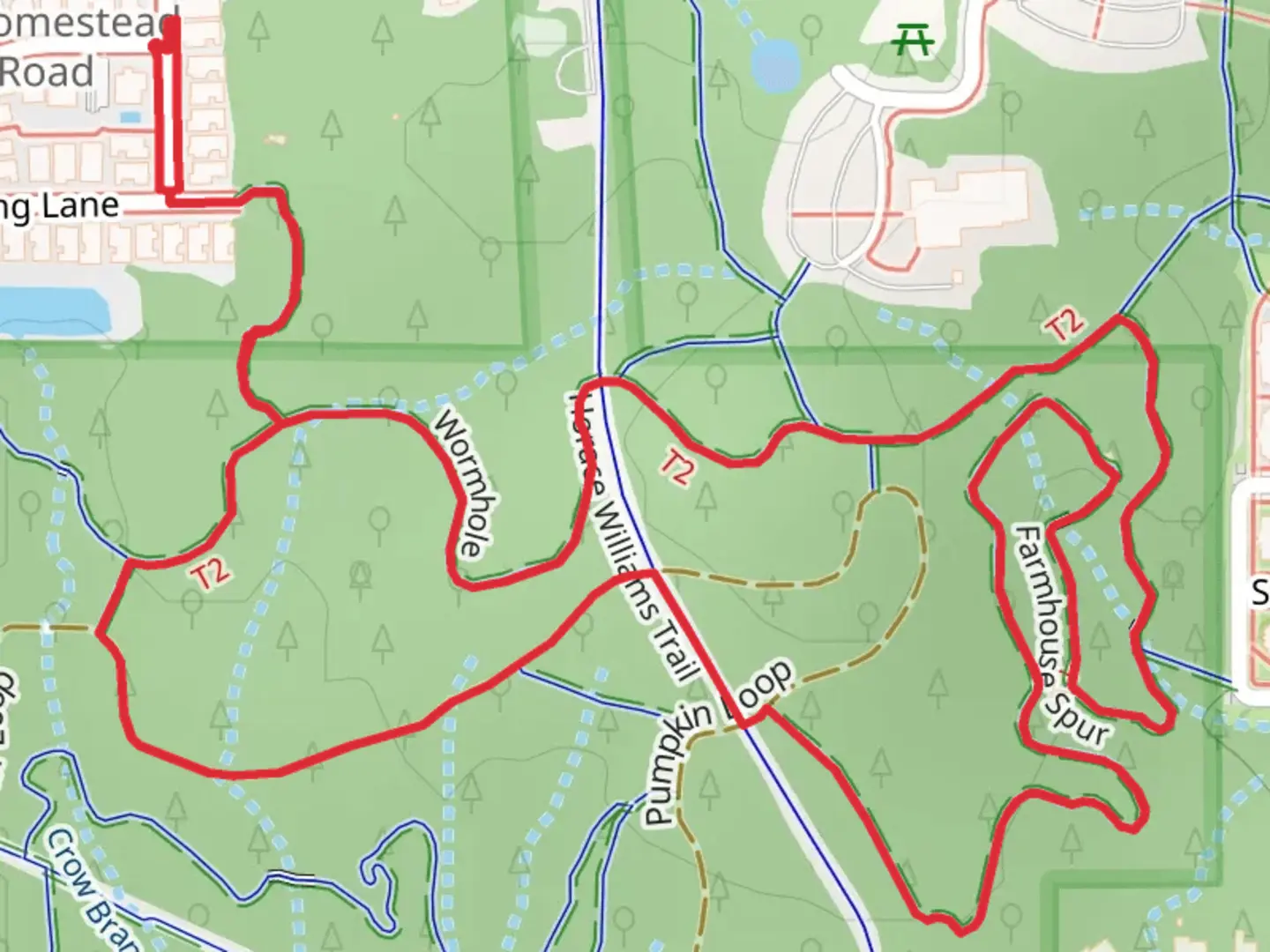 An image depicting the trail Wormhole, Farmhouse Spur and Pumpkin Loop and its surrounding area.