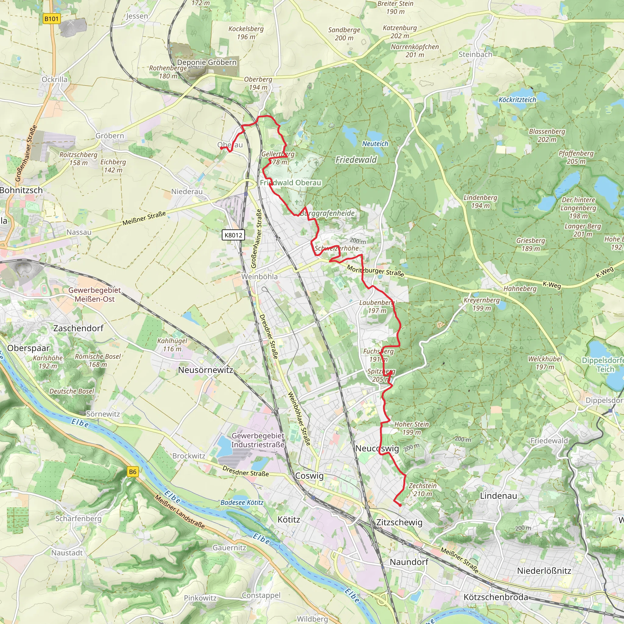 Zitzschewig to Oberau via G Weg and Hoehenweg mobile static map