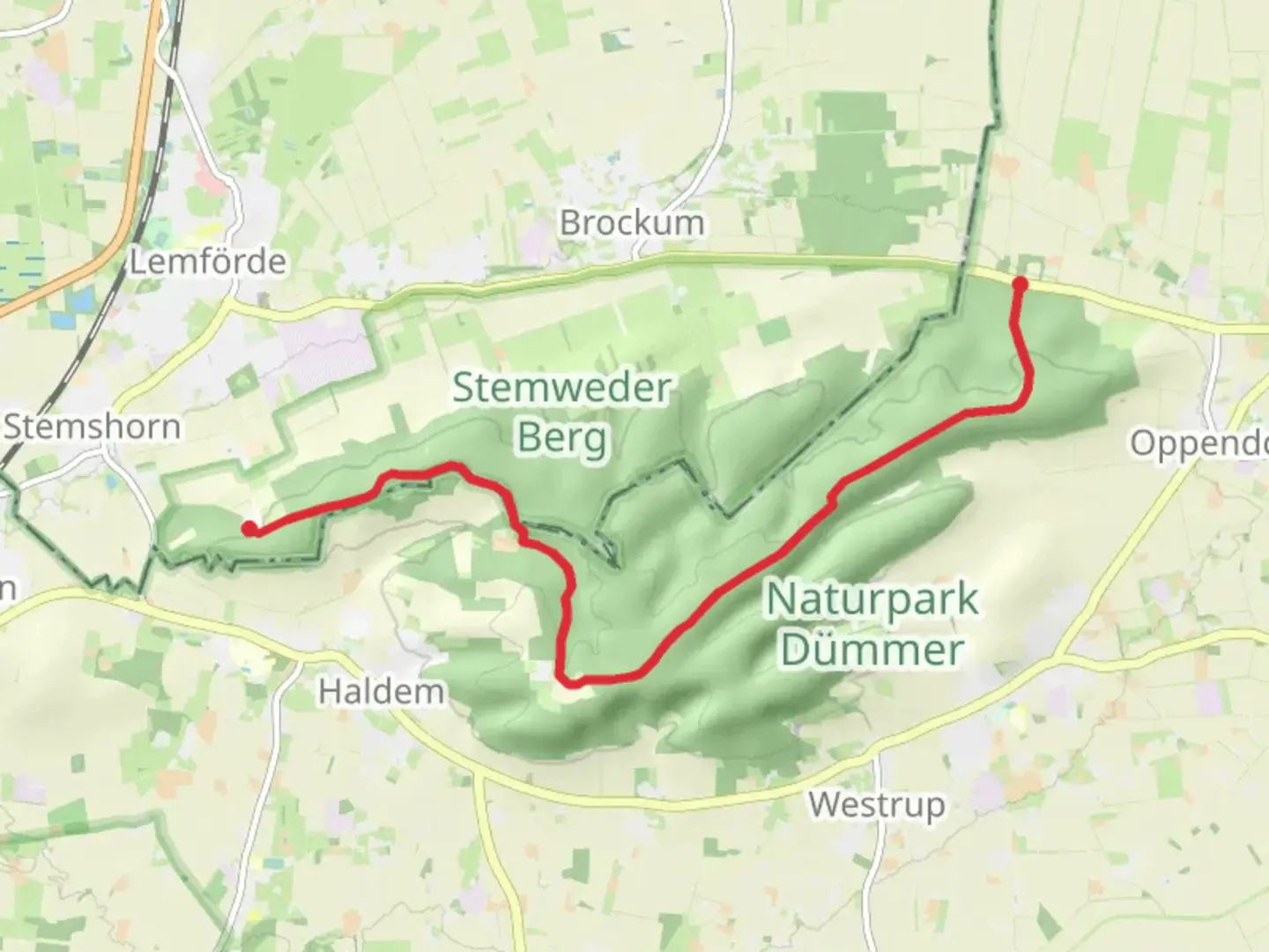 An image depicting the trail Lemfoerder Berg and Dorenberg via Gelbe Route and Wehdem Rundwanderweg and its surrounding area.