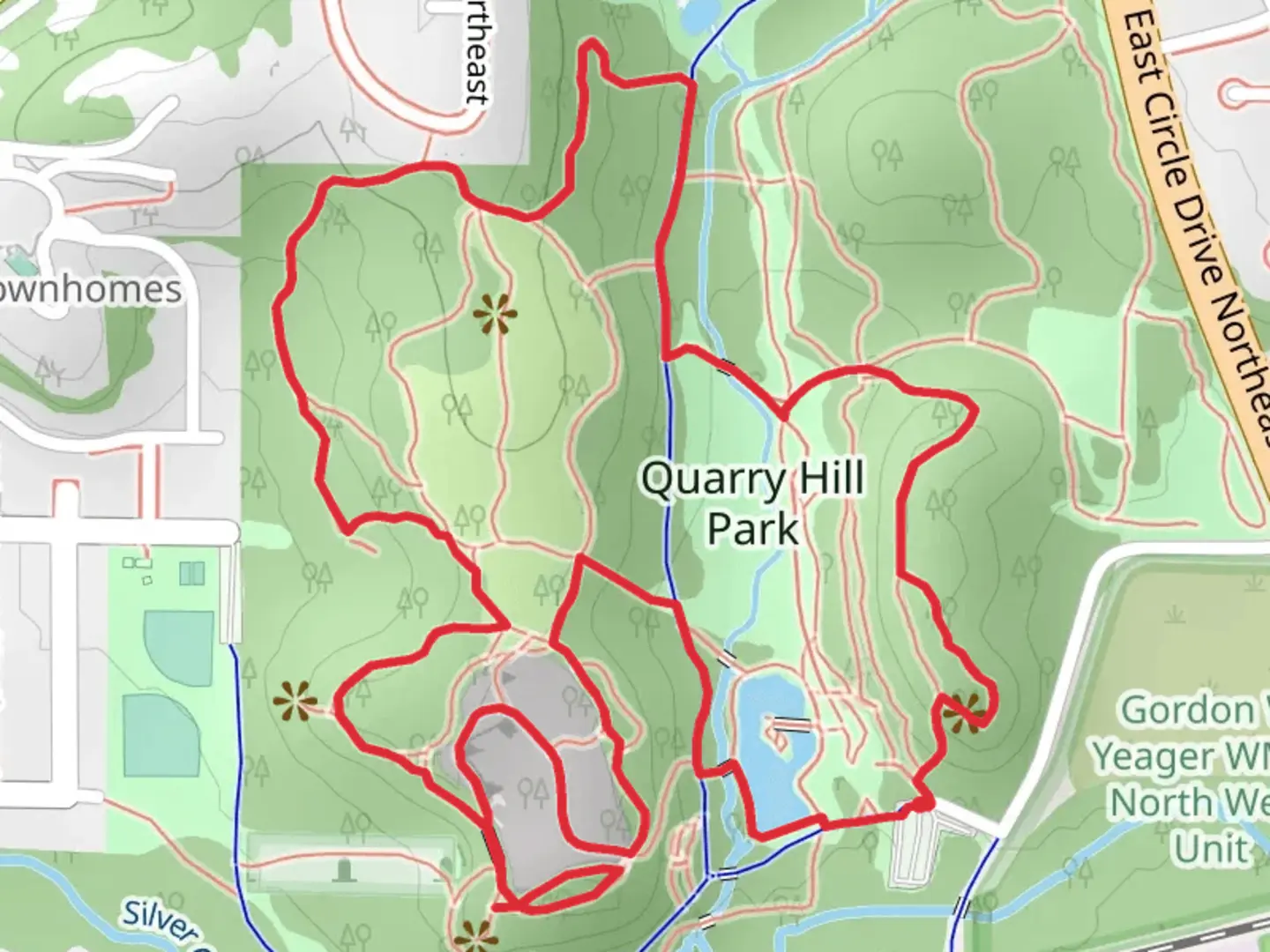 An image depicting the trail Quarry Hill Park Loop and its surrounding area.
