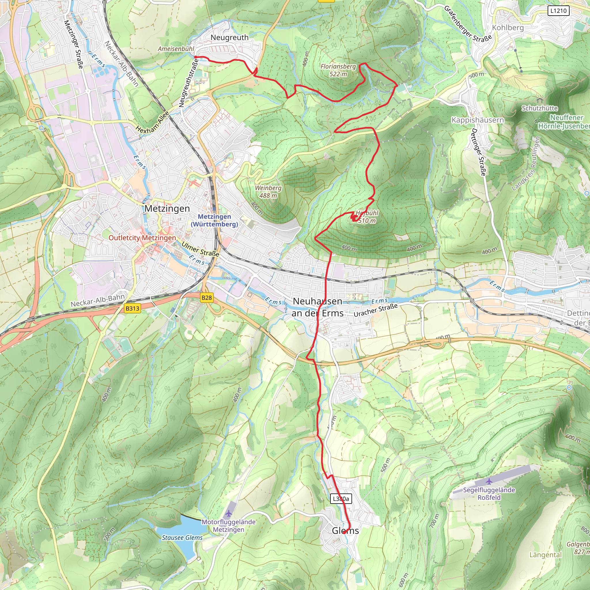 Neugreuth to Glems Walk via Hofbuhl mobile static map