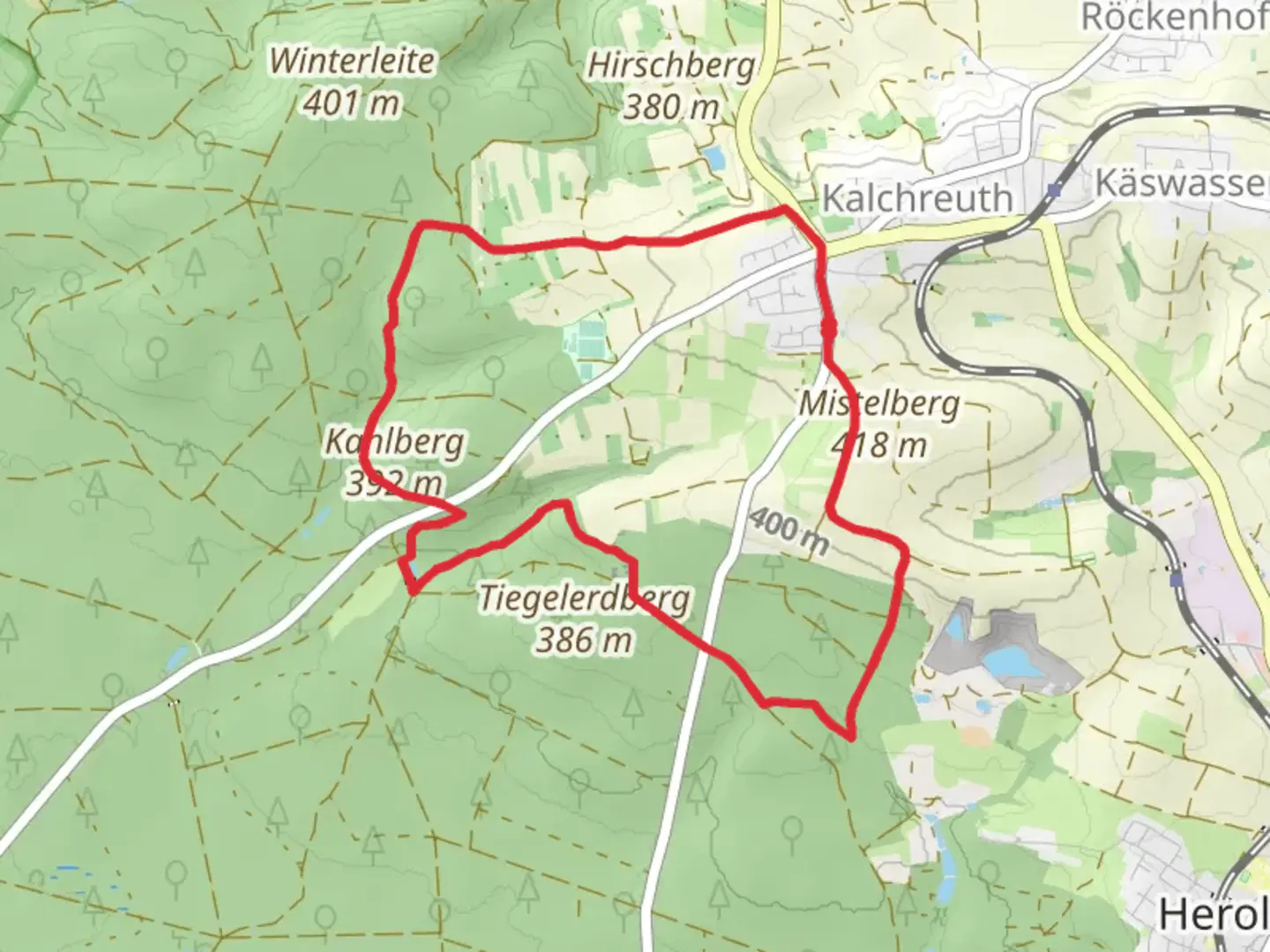 An image depicting the trail Mistelberg and Kahlberg Loop - Kalchreuth and its surrounding area.