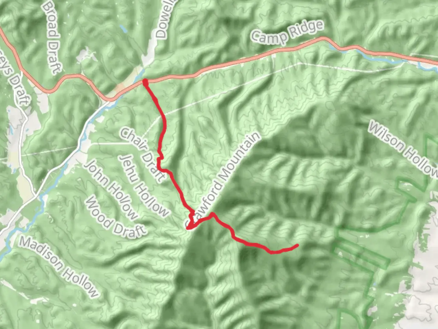 An image depicting the trail Coalpit Knob and Crawford Knob via Chimney Hollow Trail and its surrounding area.