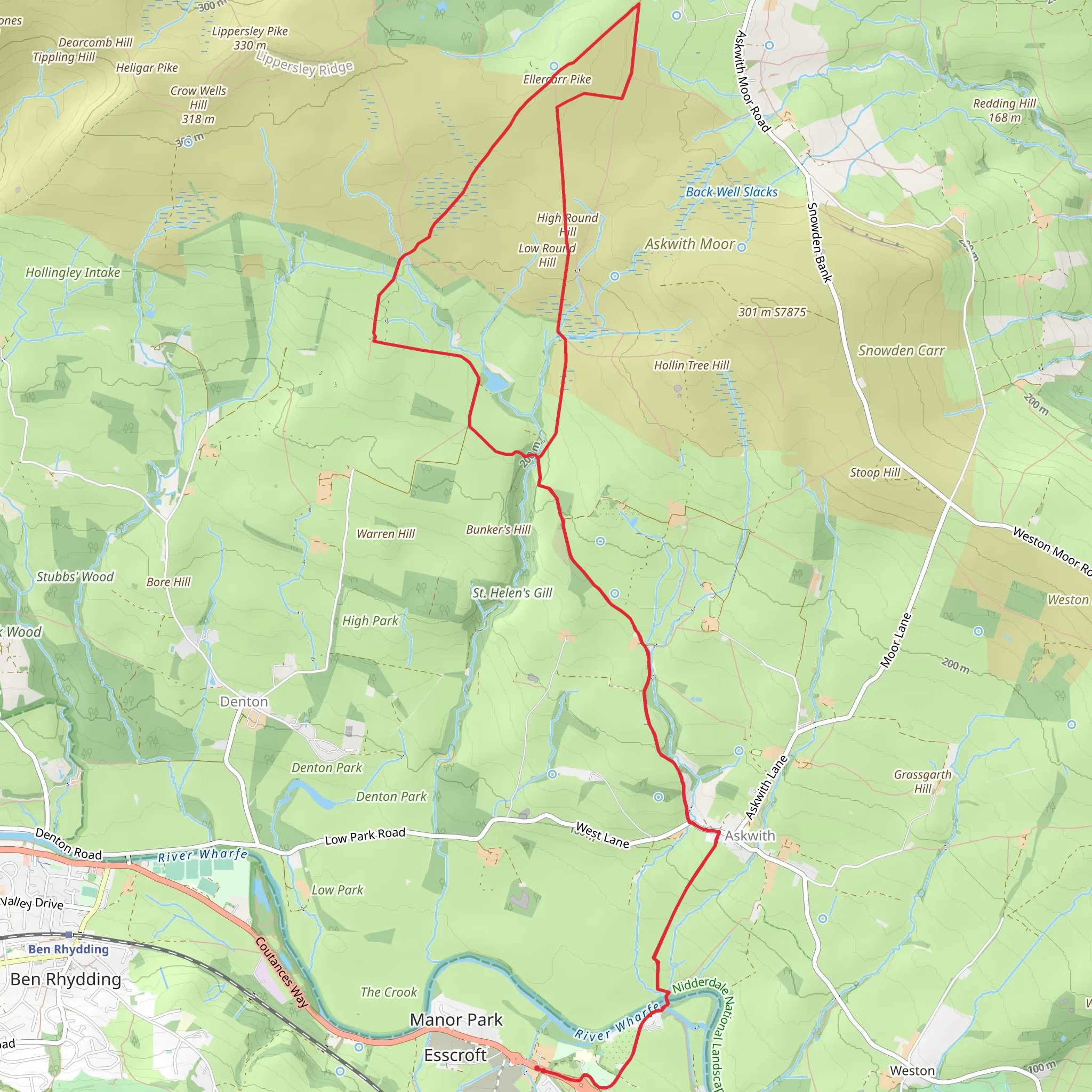 Ellercarr Pike and High Round Hill Loop from Burley in Wharfedale mobile static map