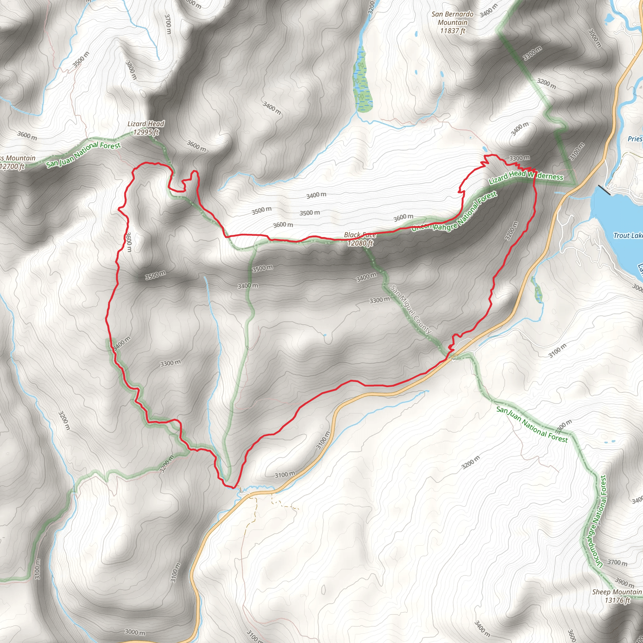 Lizard Head, Black Face and Cross Mountain Loop Trail mobile static map