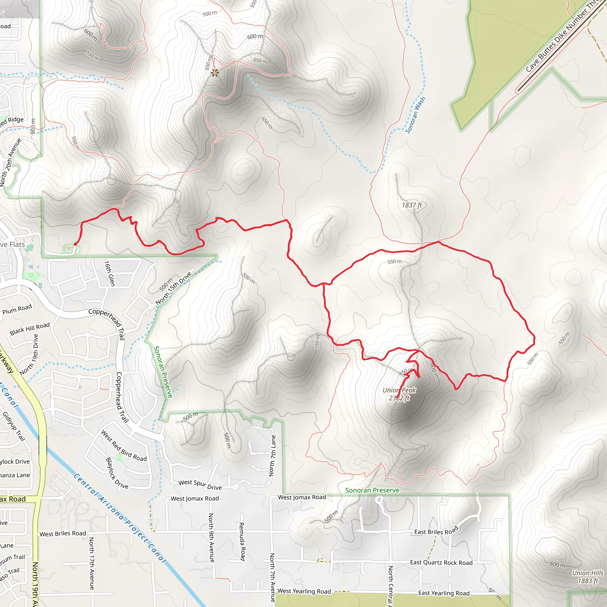 Union Peak via Cactus Wren Trail and Great Horned Owl Trail mobile static map