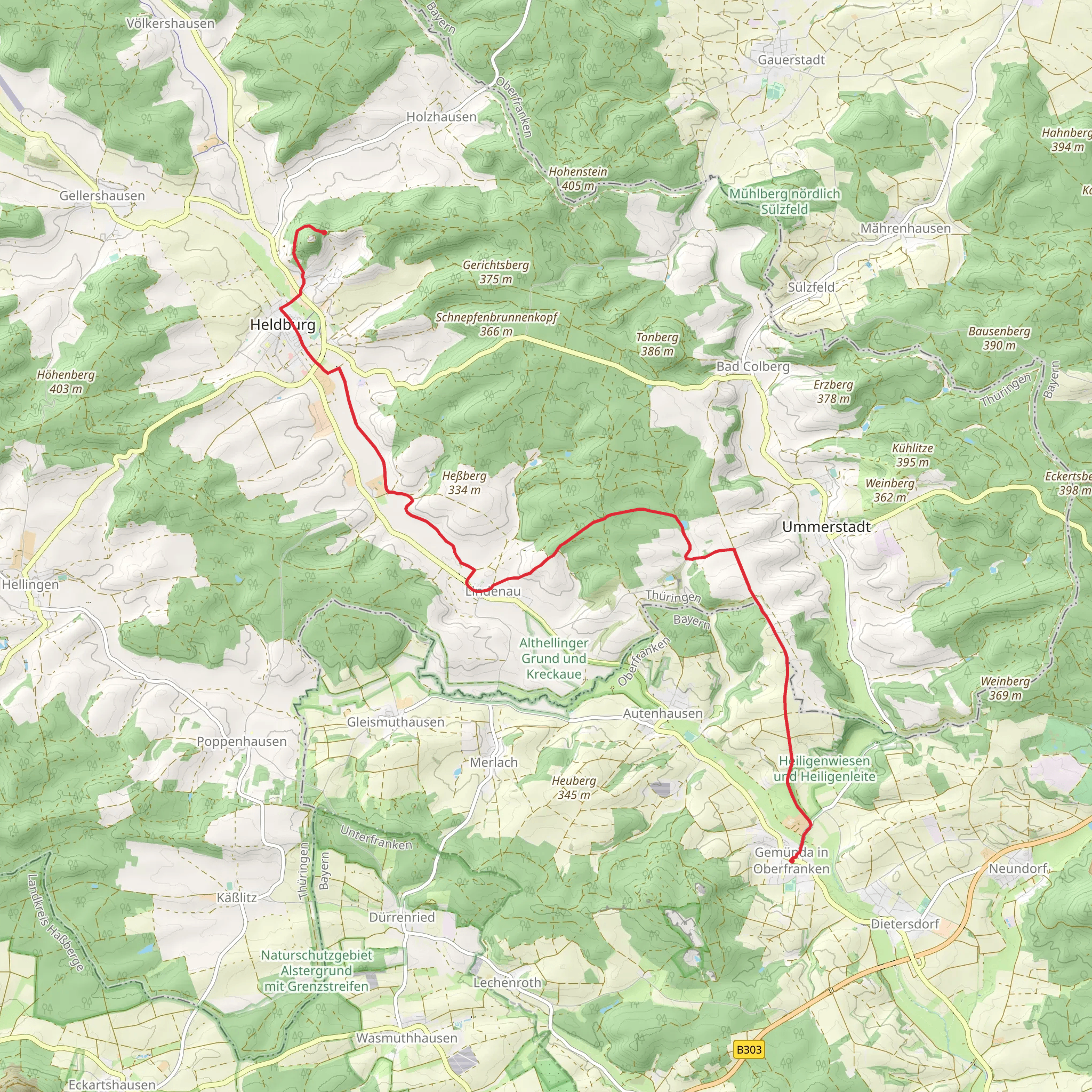 Gemünda to Heldburg Fortress via Zweilaenderweg Rodachtal mobile static map