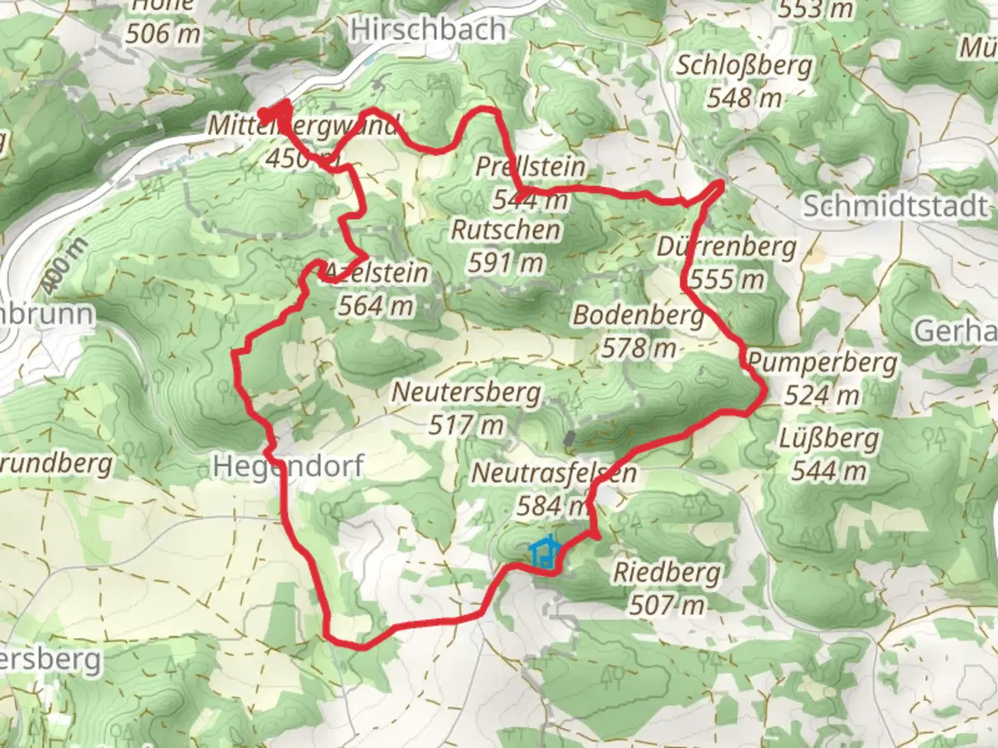 An image depicting the trail Prellstein via Gelbpunkt and Jean-Mueller Weg and its surrounding area.
