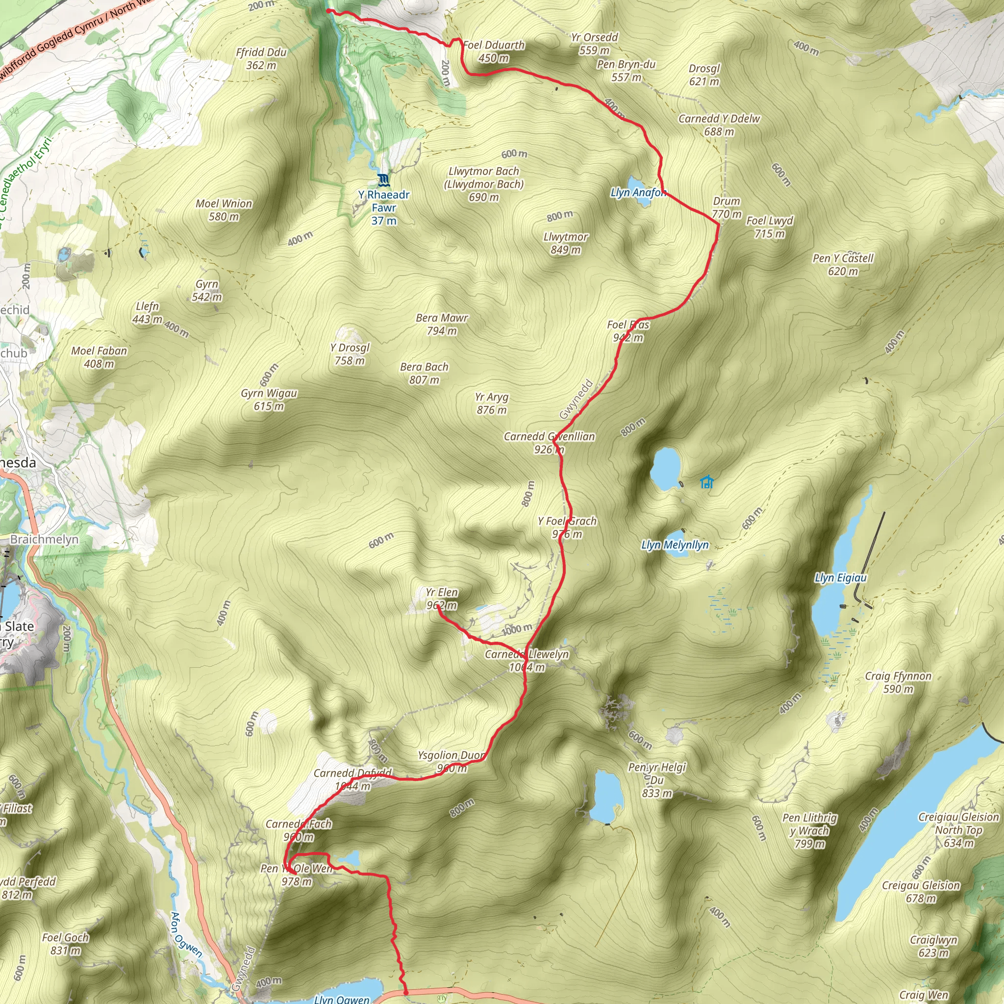 Carneddau Traverse from Llyn Ogwen to Bont Newydd mobile static map