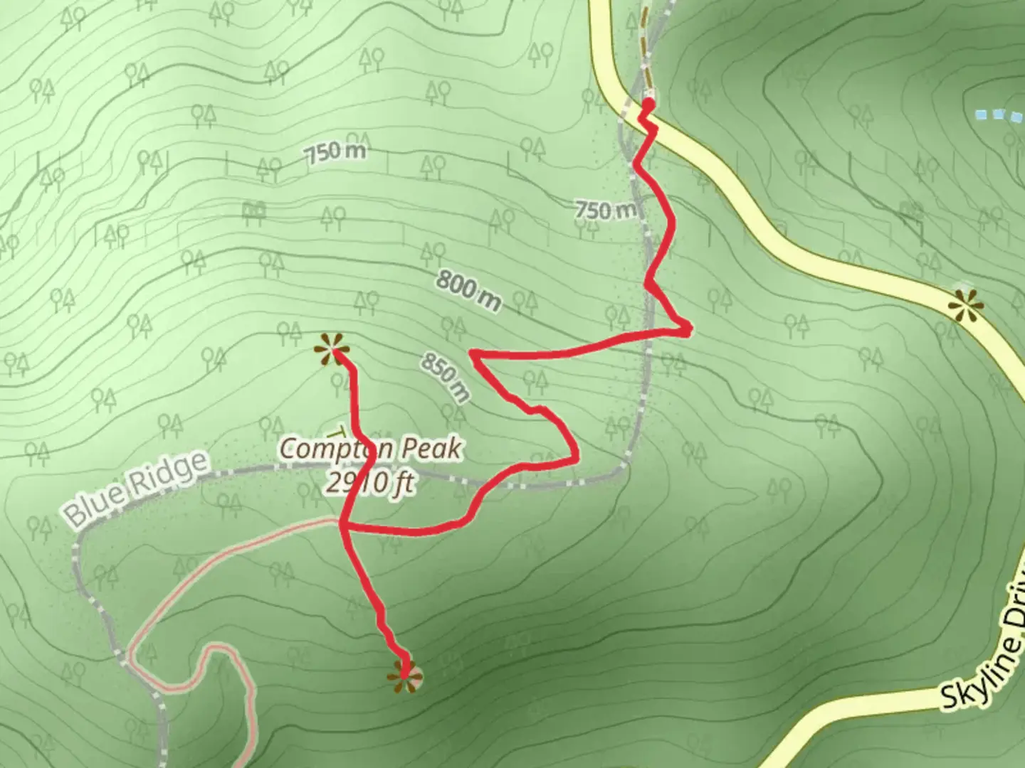 An image depicting the trail Compton Peak from Compton Gap and its surrounding area.