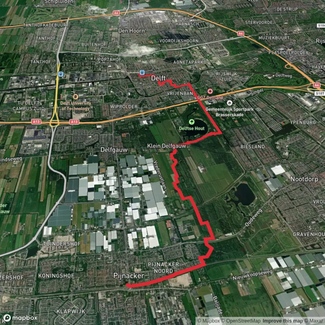 An image depicting the trail Pijnacker Centrum to Delft via Buytenhout and De Grote Plas and its surrounding area.
