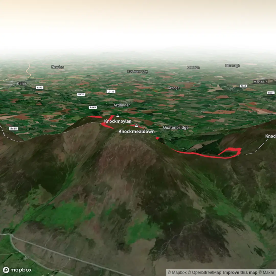 An image depicting the trail Ducks Ponds to Knockmealdowns and its surrounding area.