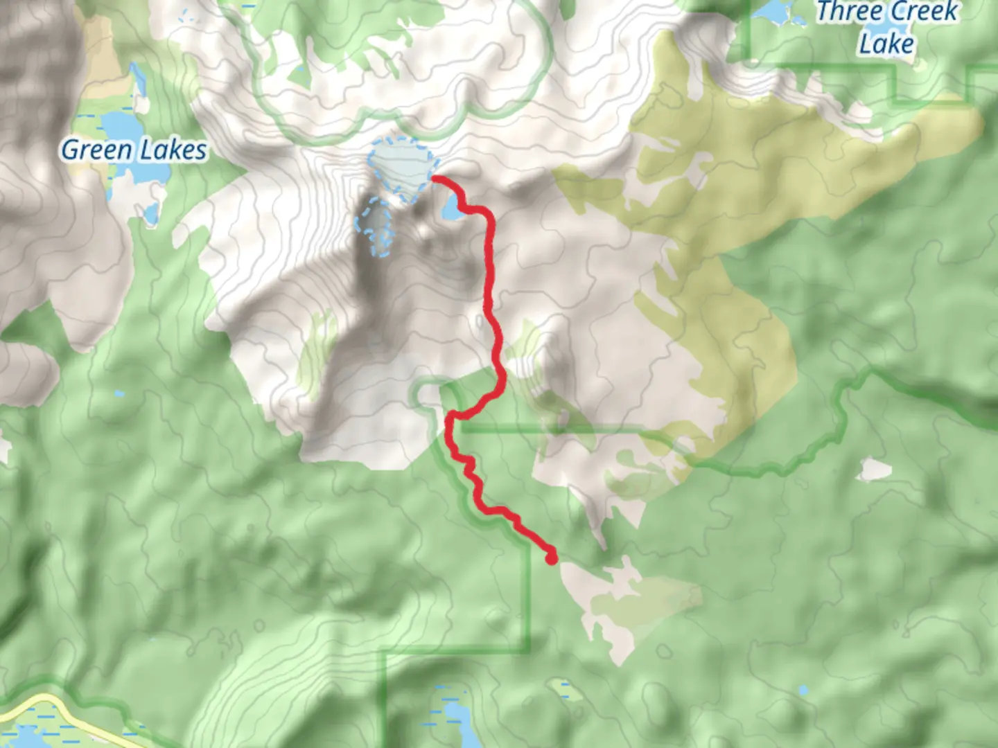An image depicting the trail No Name Lake and Crater Creek Ditch via Broken Top Trail and its surrounding area.