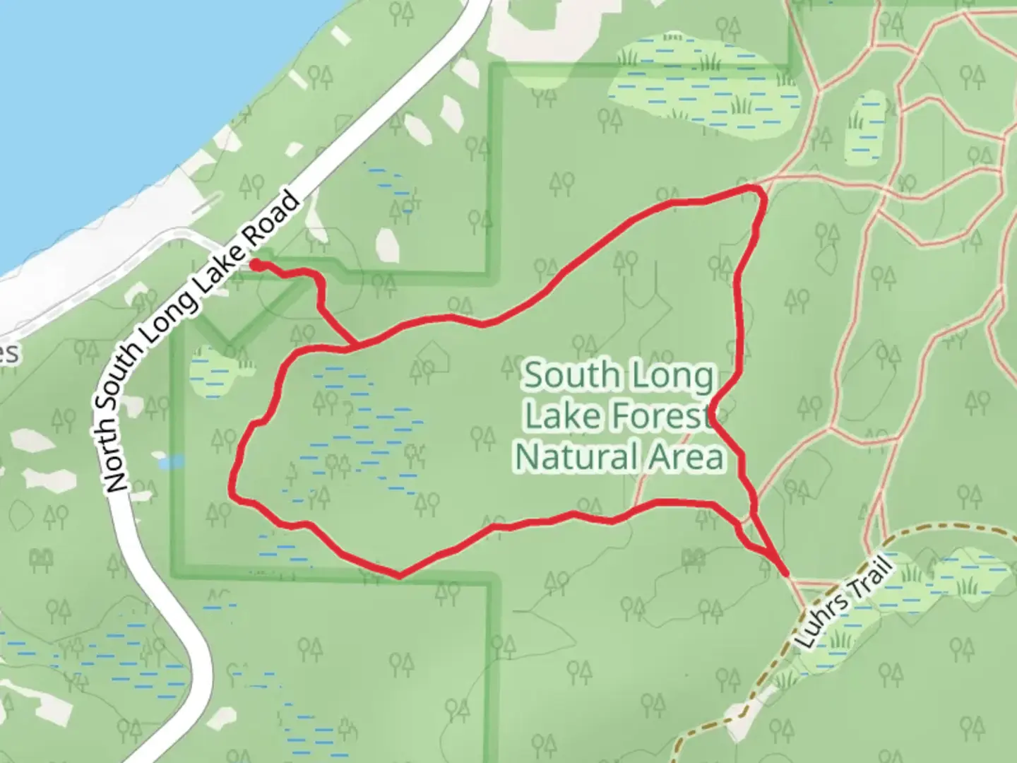 An image depicting the trail South Long Lake Forest Natural Area Loop and its surrounding area.