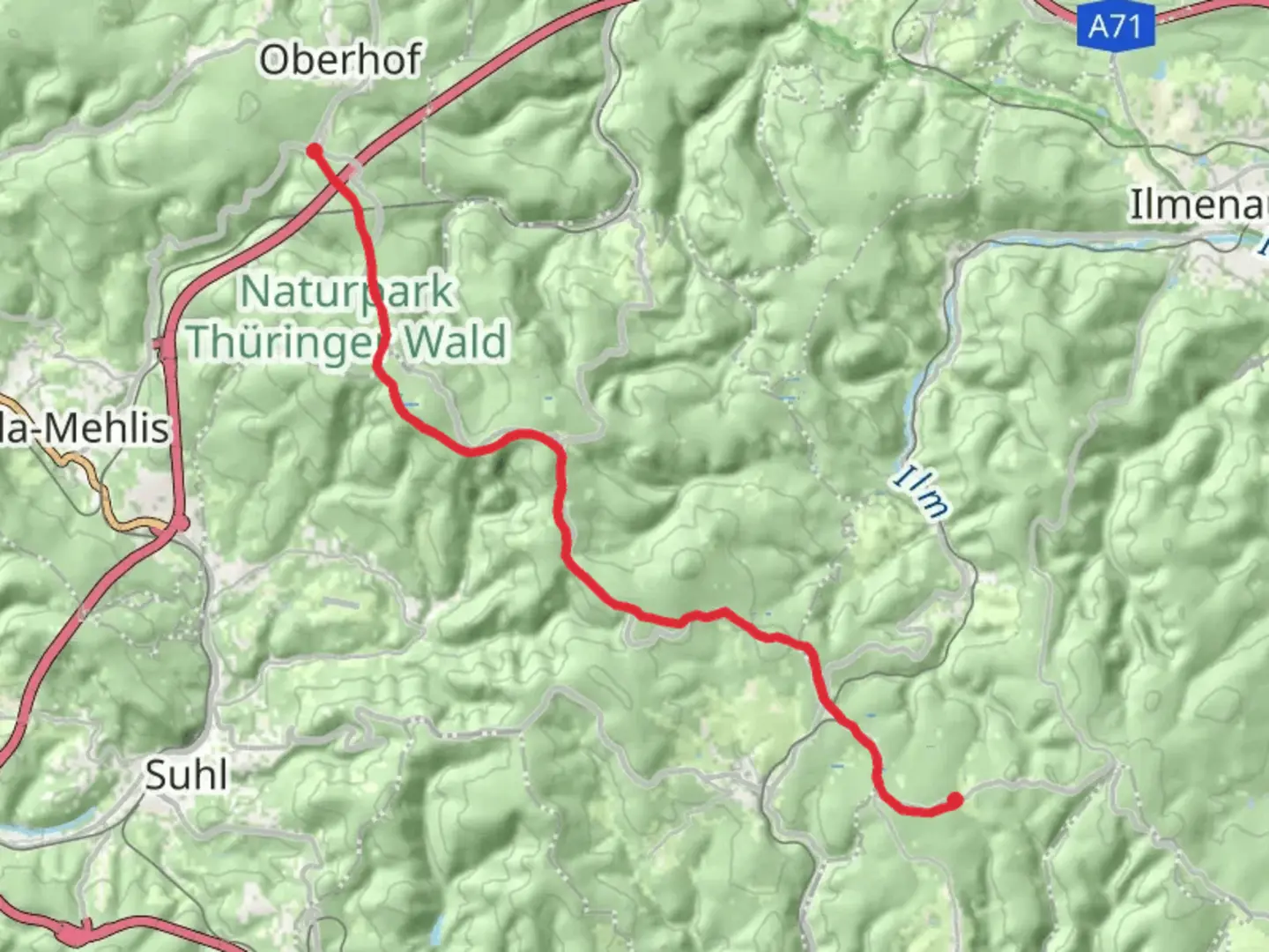 An image depicting the trail Rennsteighutten to Meisenhugel Walk and its surrounding area.