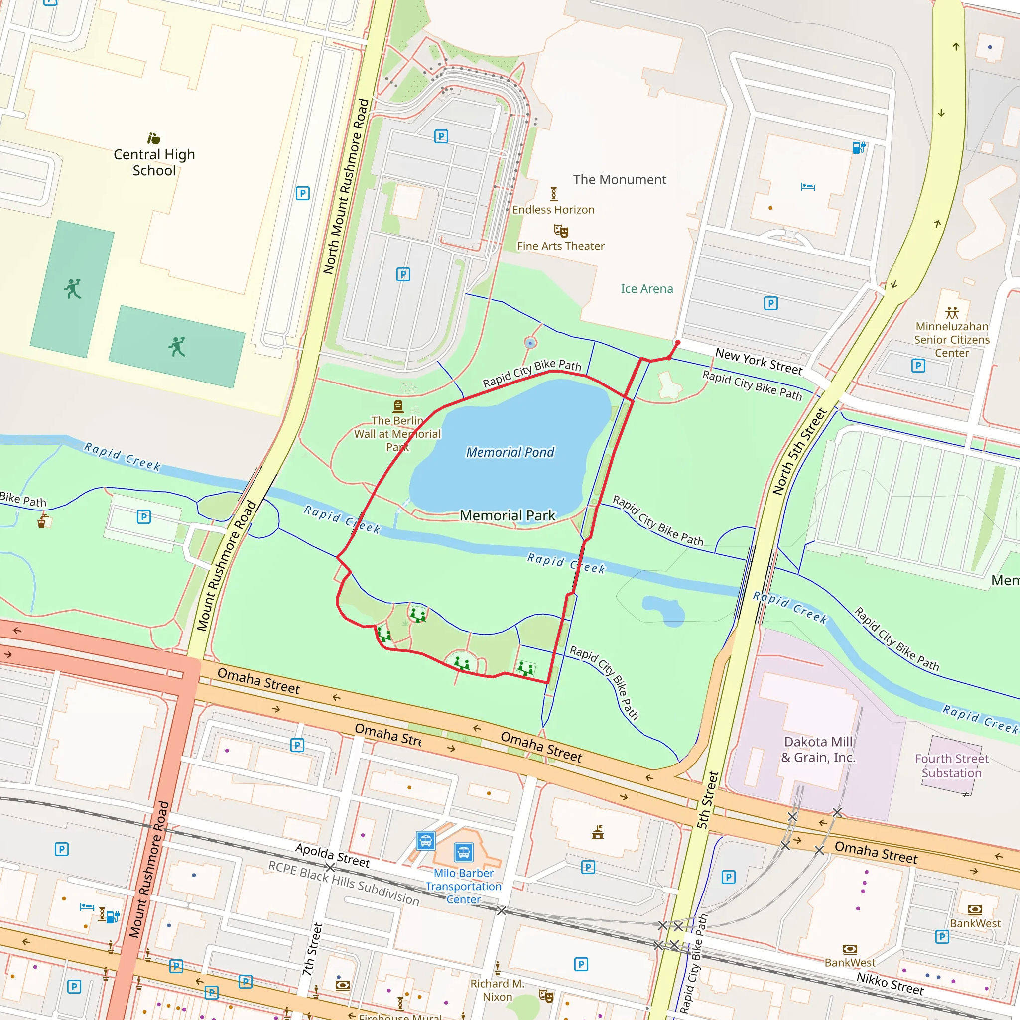 Memorial Pond and Park Loop via Rapid City Path mobile static map