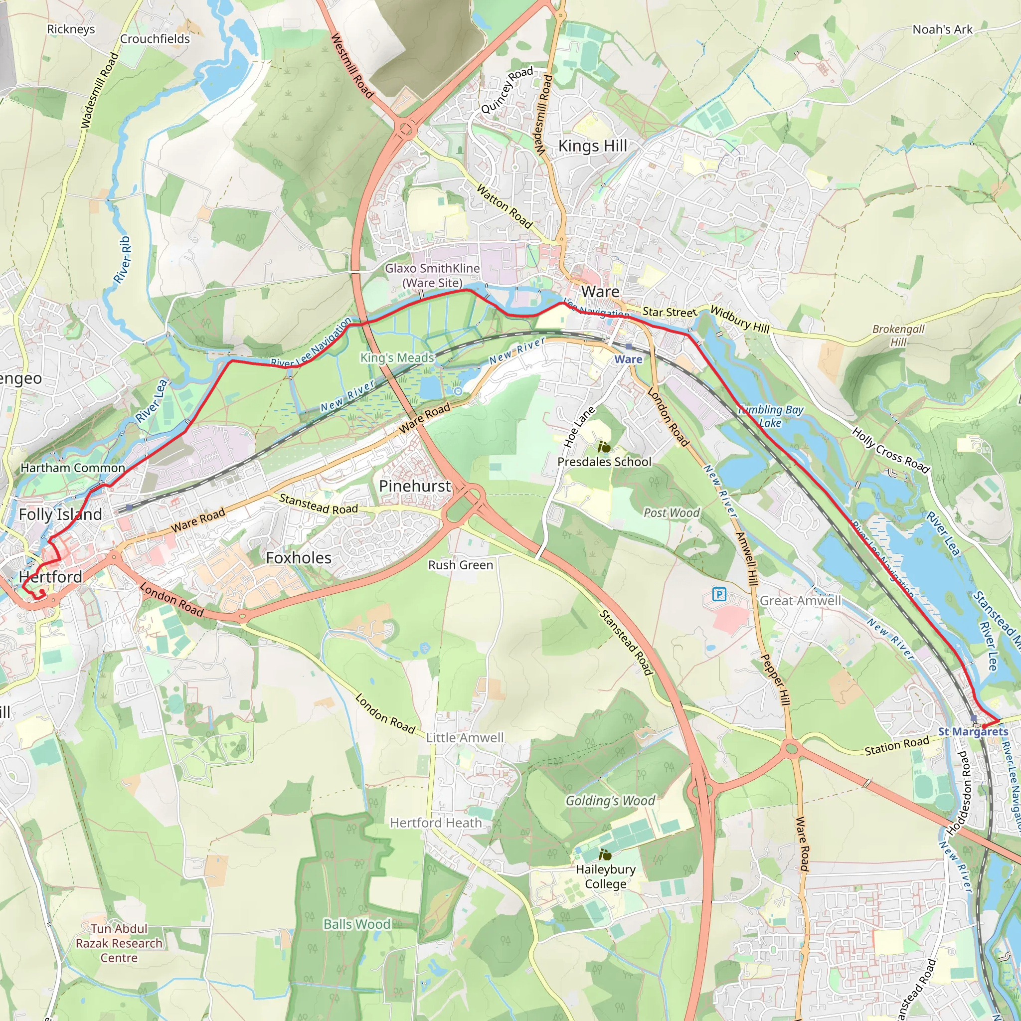 Hertford to Ware River and Canal Walk mobile static map