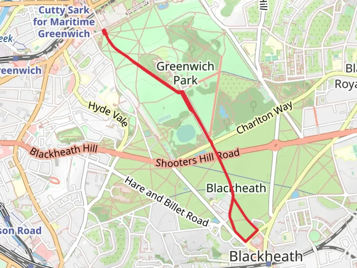 An image depicting the trail Blackheath via Greenwich Meridian Walk and its surrounding area.