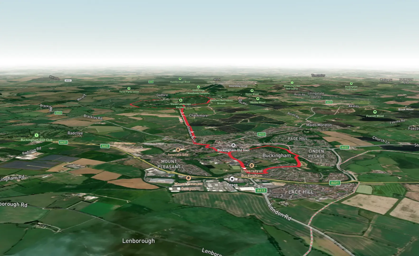 An image depicting the trail Buckingham and Stowe Landscape Gardens Loop and its surrounding area.