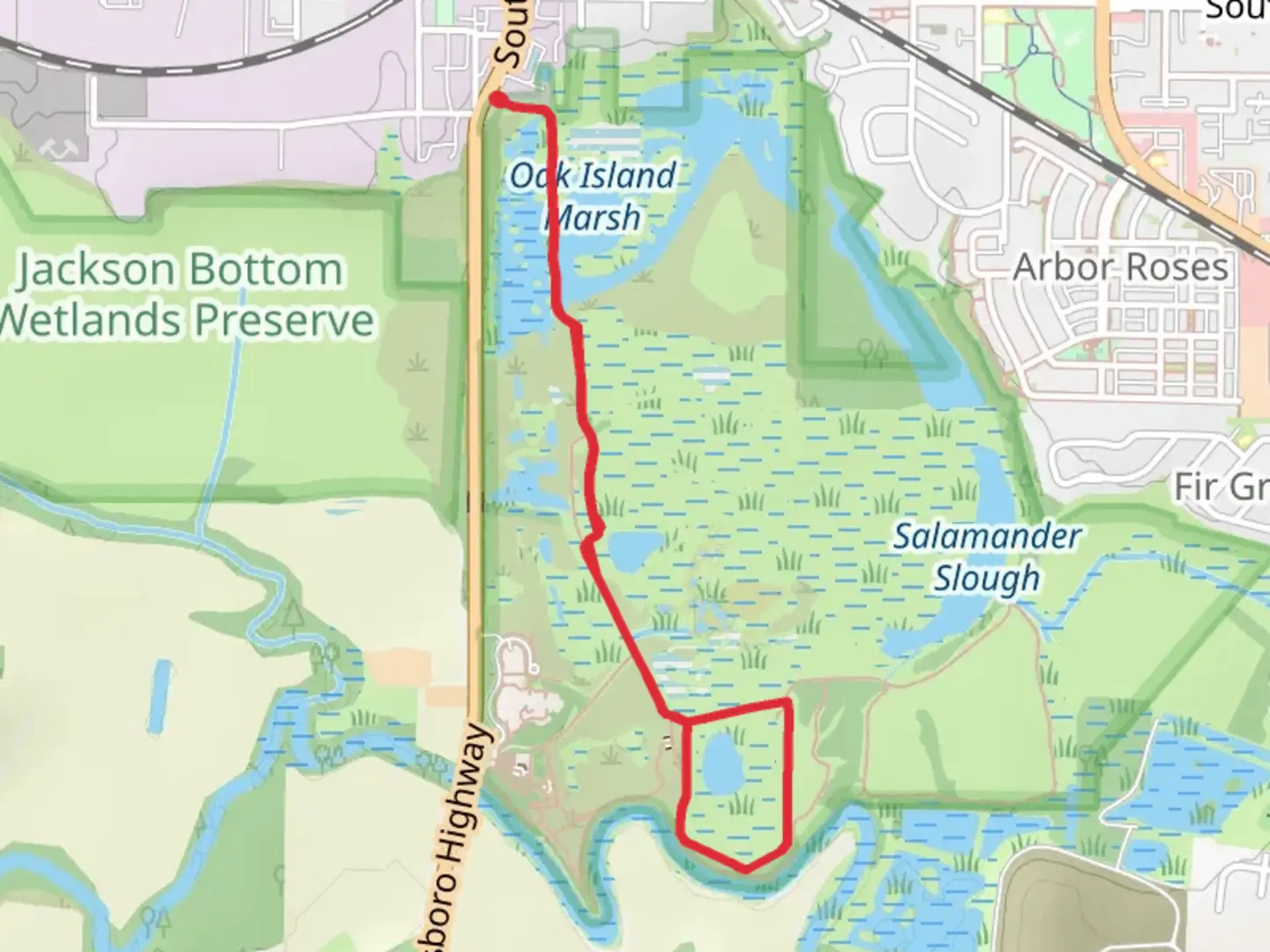 An image depicting the trail Pintail Pond via Jackson Bottom Wetlands Trail and its surrounding area.