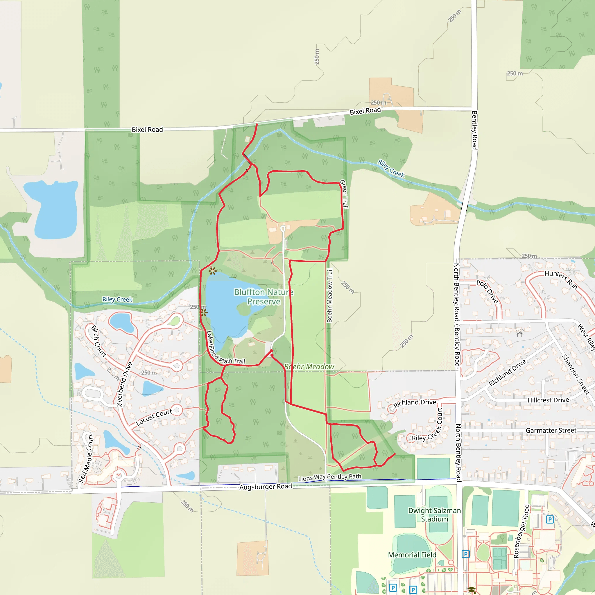 Bluffton College Lake, South Woods, East Woods and Swinging Bridge Loop Trail mobile static map