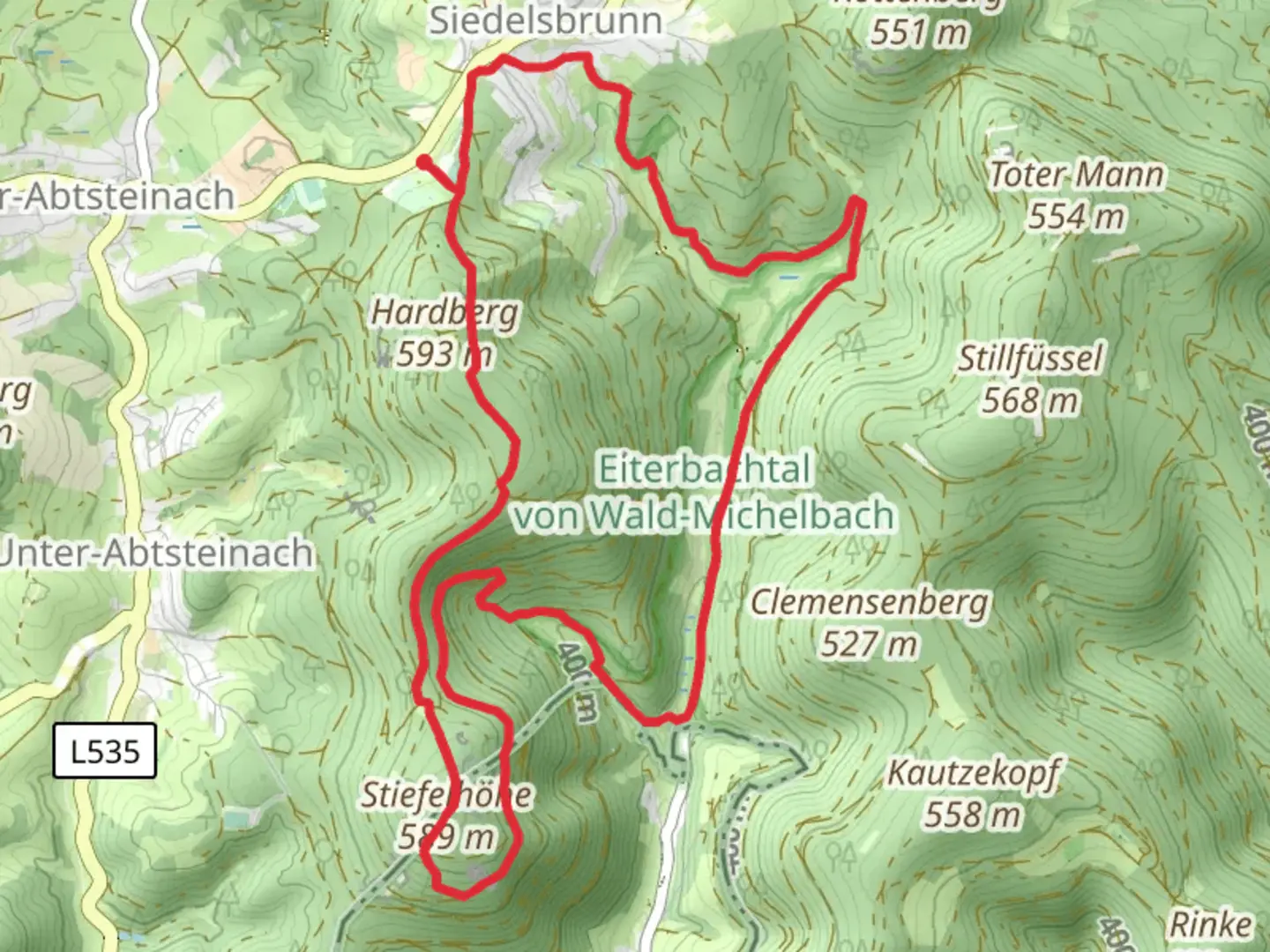 An image depicting the trail Eiterbachtal Weg and Wallfahrtsweg Lichtenklingen and its surrounding area.