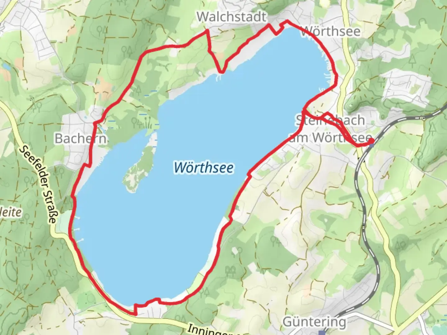 An image depicting the trail Wörthsee Loop via Rundwanderweg Wörthsee and its surrounding area.